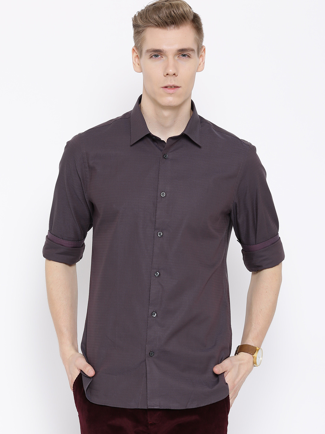

Blackberrys Wine-Coloured Patterned Athletic F/S Skinny Fit Casual Shirt, Purple
