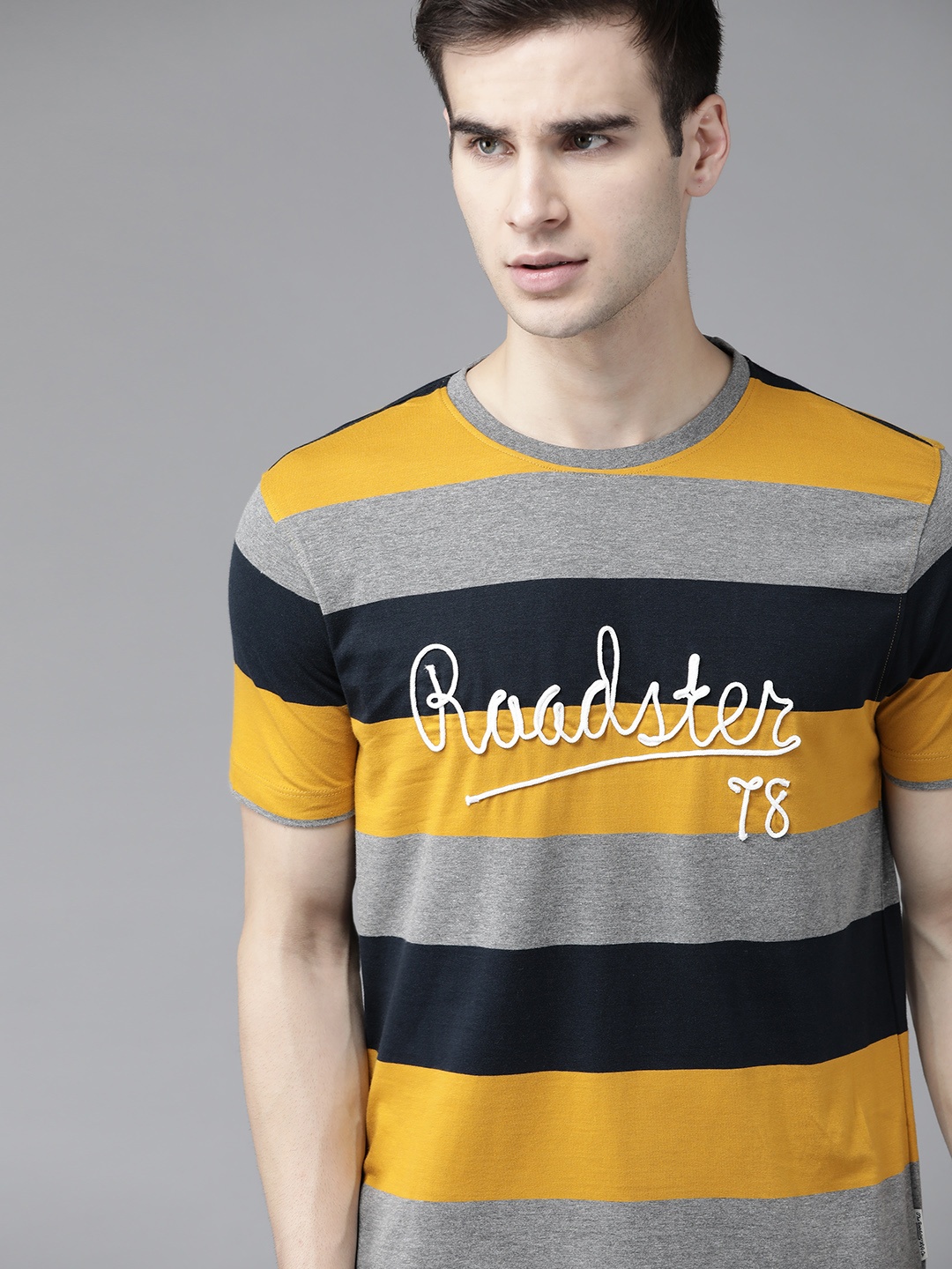 

Roadster Men Mustard Yellow & Navy Blue Brand Logo Striped T-shirt
