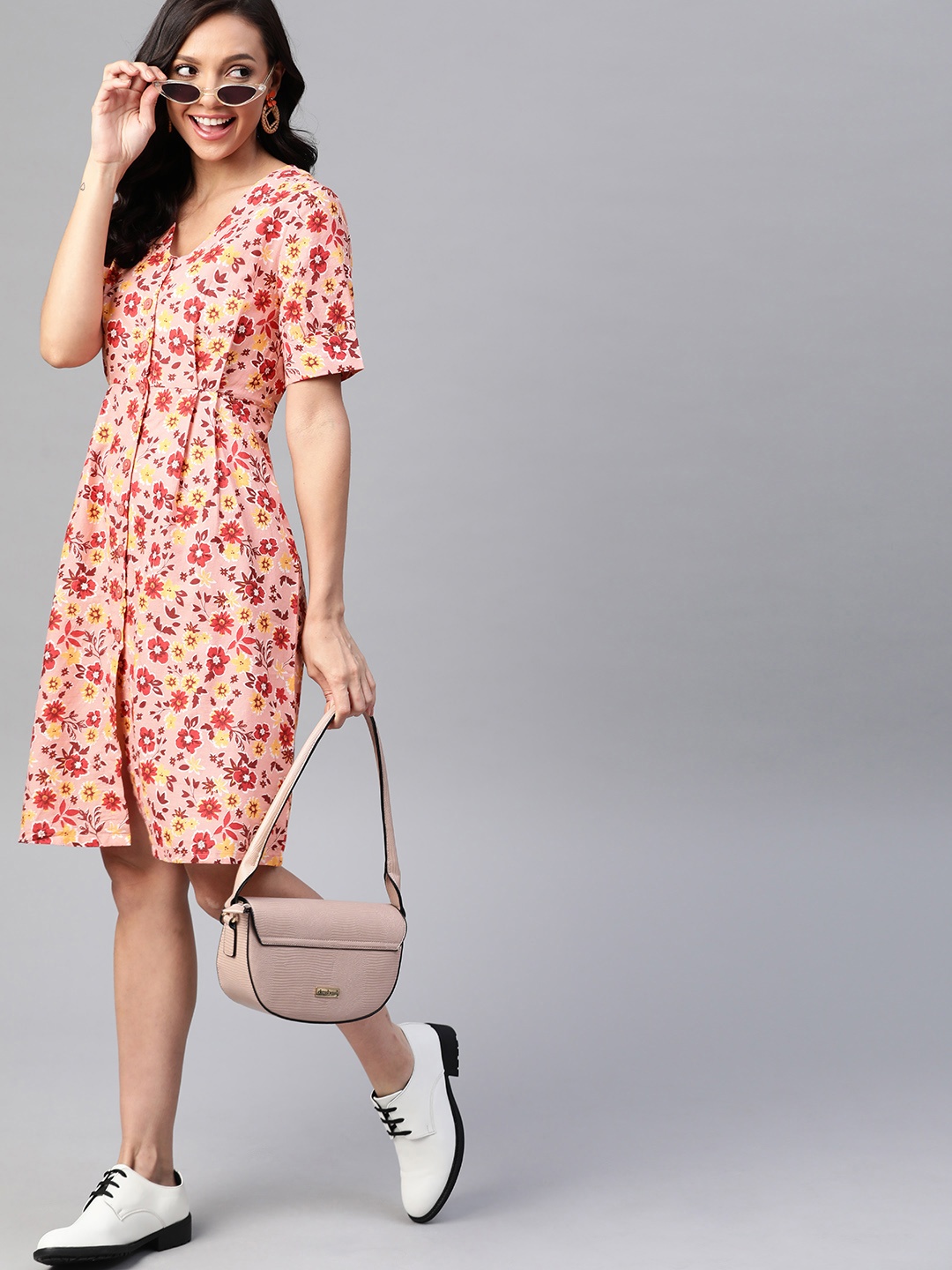 

HERE&NOW Peach-Coloured & Maroon Floral Print Pure Cotton A-Line Dress
