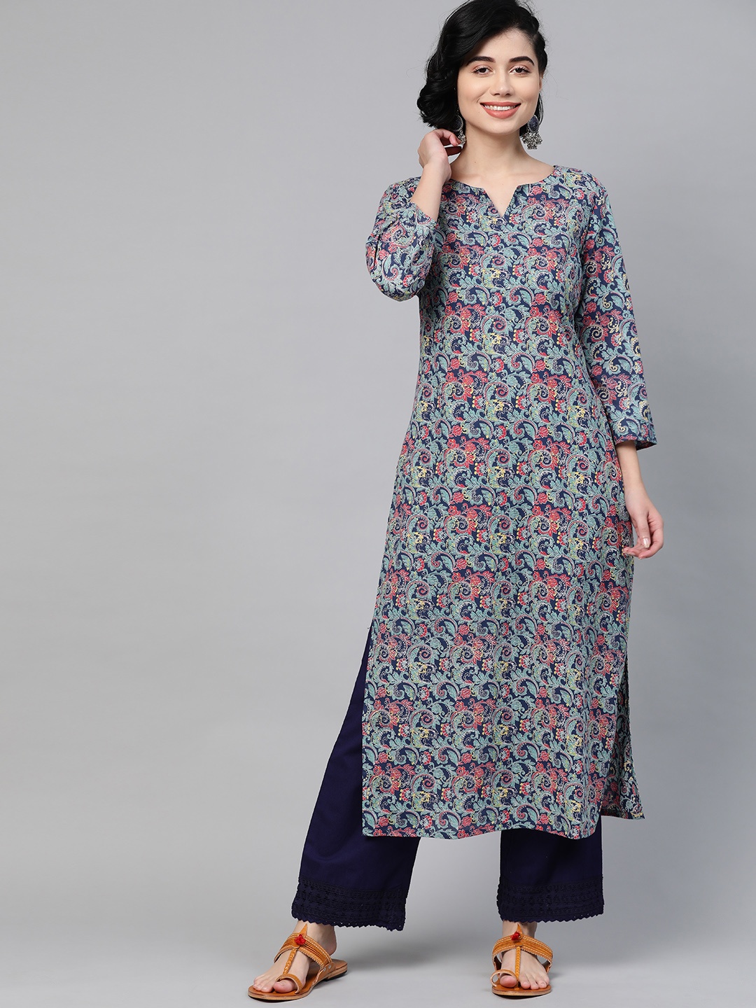 

HERE&NOW Women Navy Blue & Green Pure Cotton Ethnic Motifs Printed Kurta