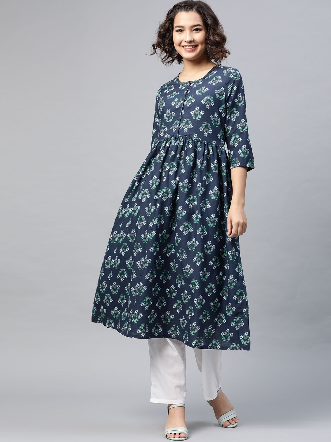 

HERE&NOW Women Navy Blue Ethnic Motifs Printed Pure Cotton Kurta with Trousers
