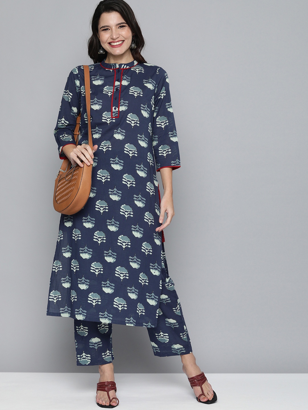 

HERE&NOW Women Blue Ethnic Motifs Printed Pure Cotton Kurta with Trousers