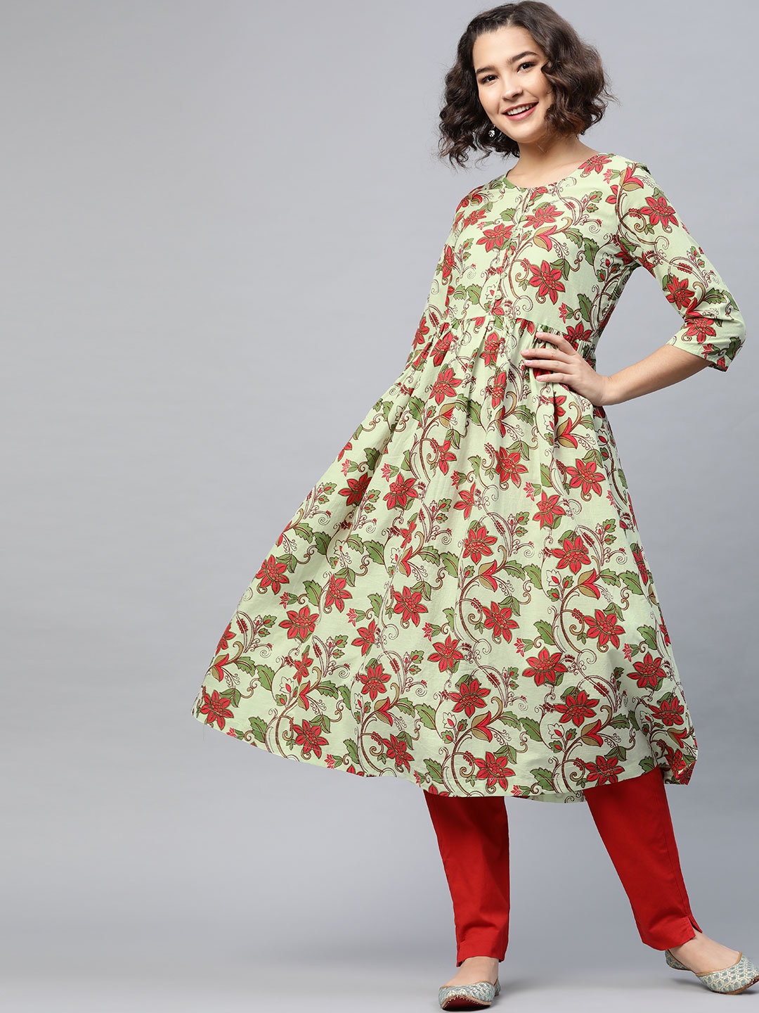

HERE&NOW Women Green & Coral Red Ethnic Motifs Printed A-Line Kurta
