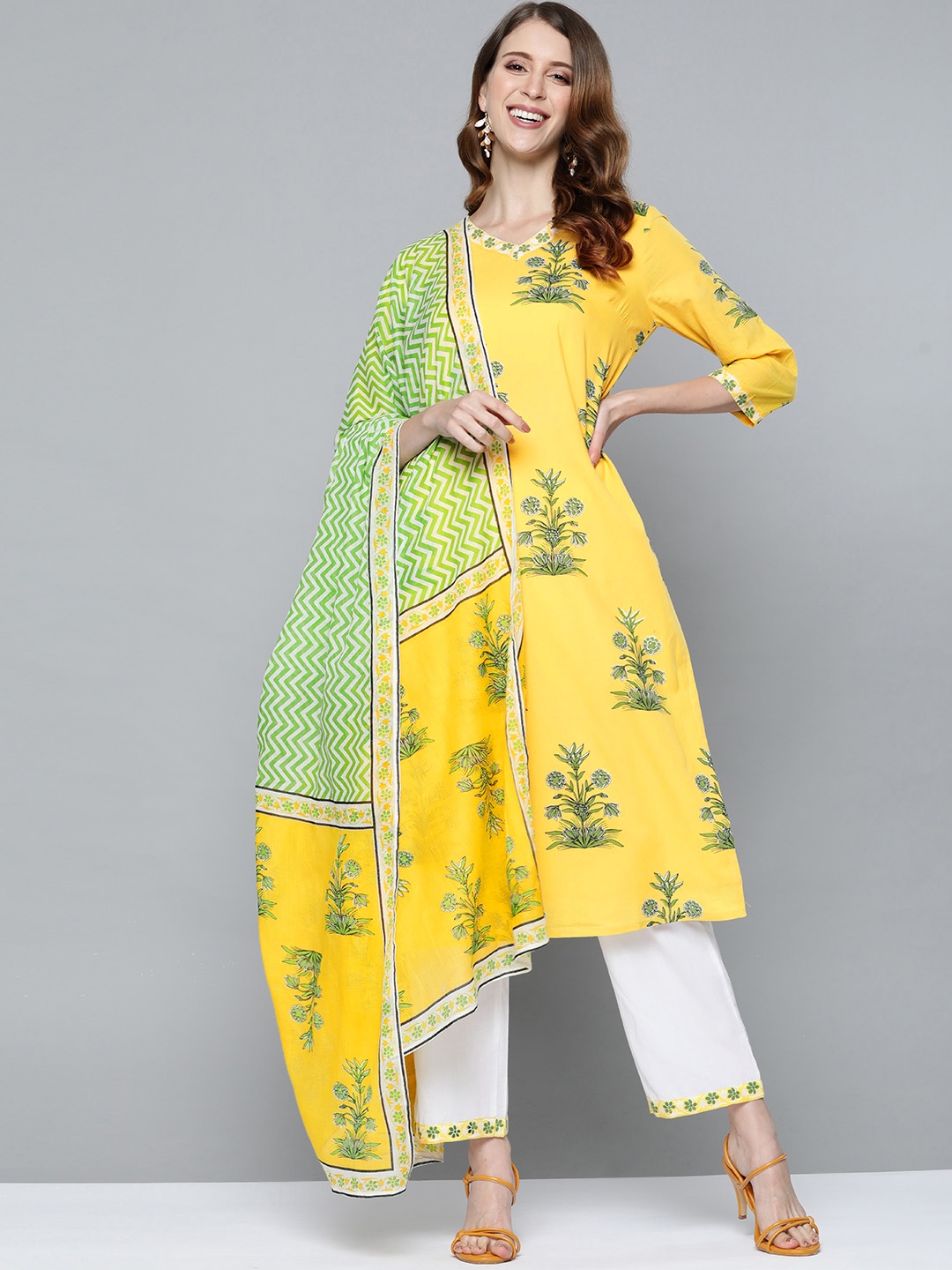 

HERE&NOW Women Yellow Ethnic Motifs Printed Pure Cotton Kurta with Trousers & With Dupatta