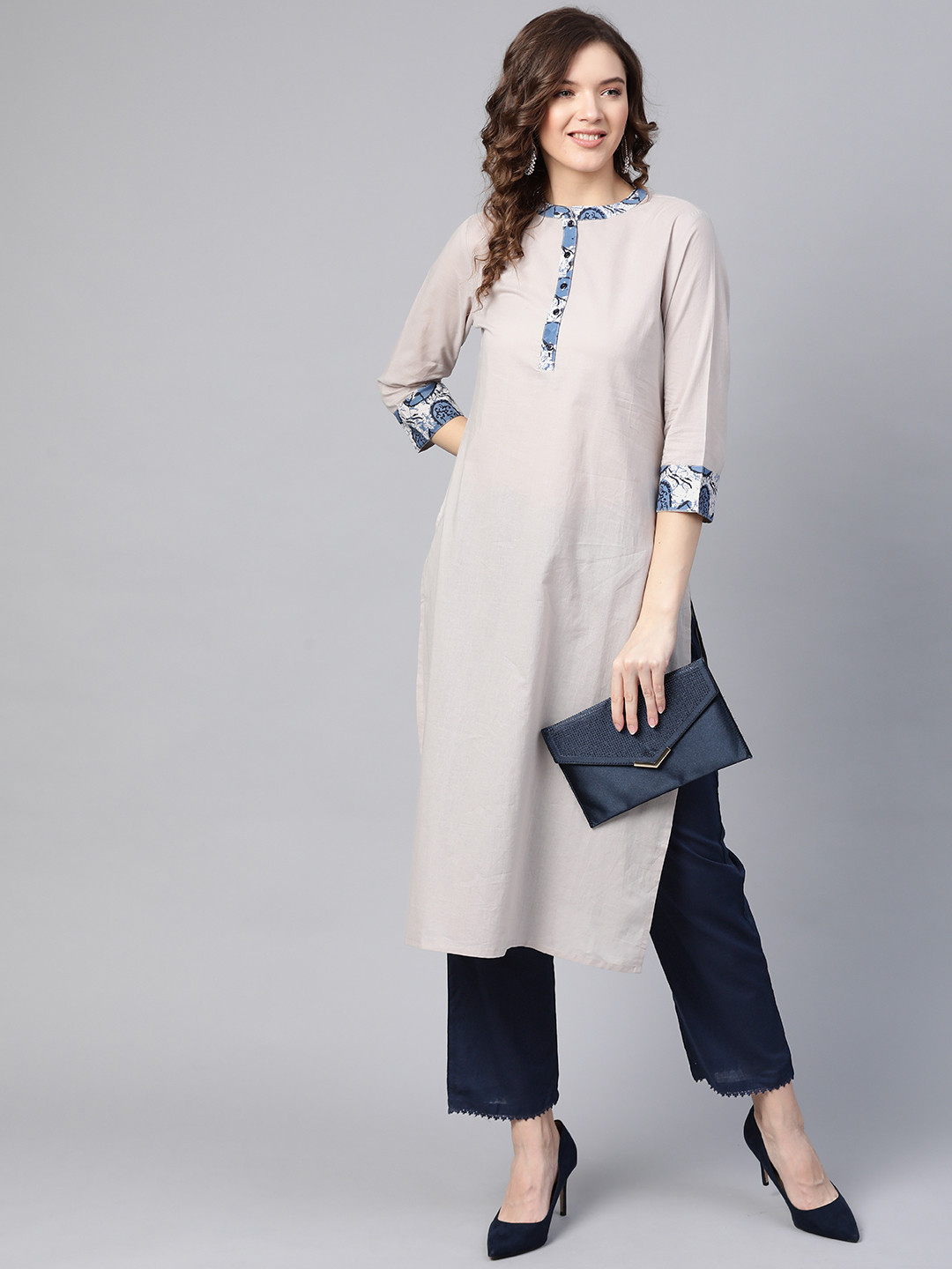 

HERE&NOW Women Off White & Navy Blue Pure Cotton Kurta with Trousers