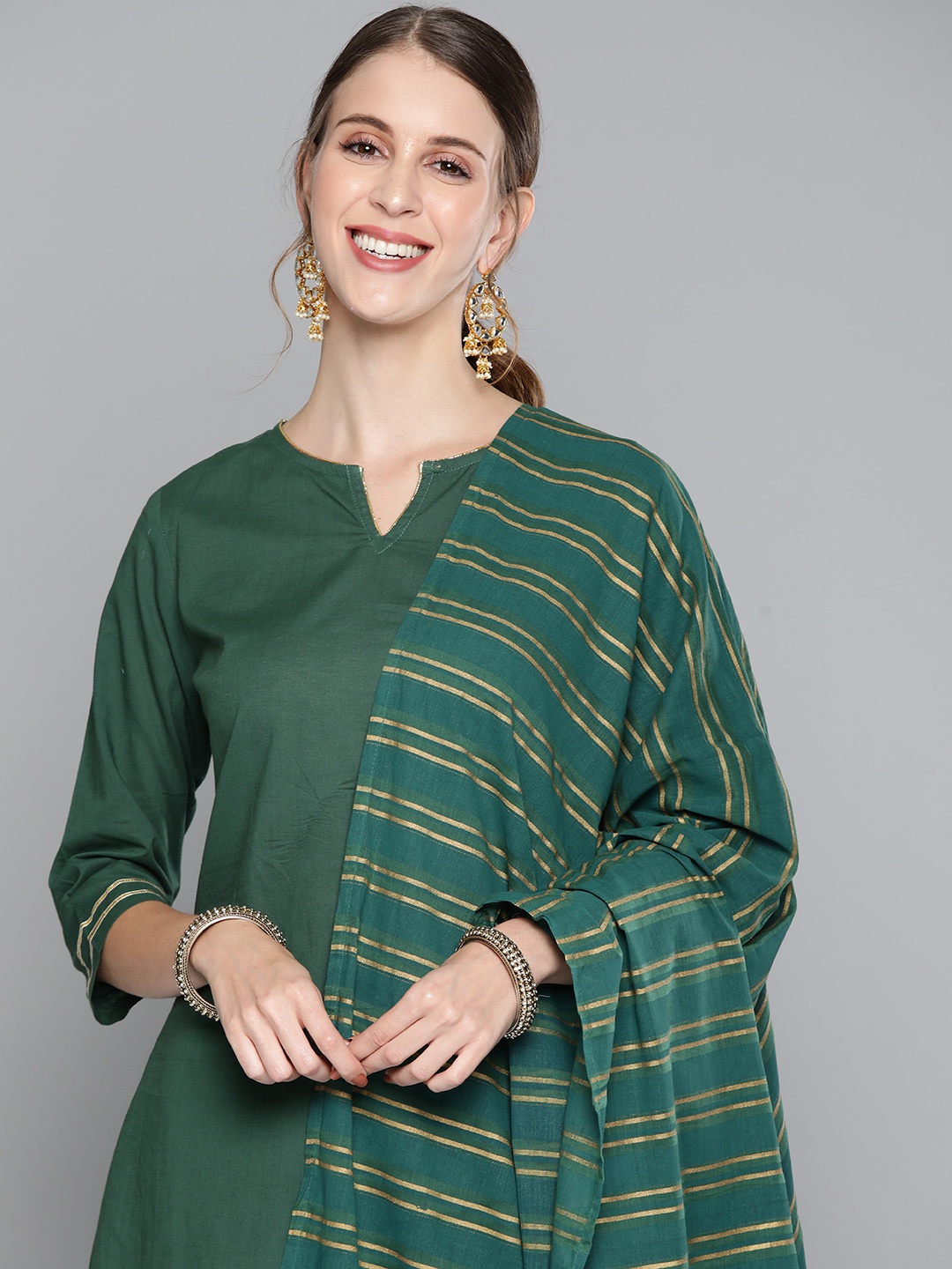 

HERE&NOW Women Green Solid Pure Cotton Kurta with Trousers & With Dupatta
