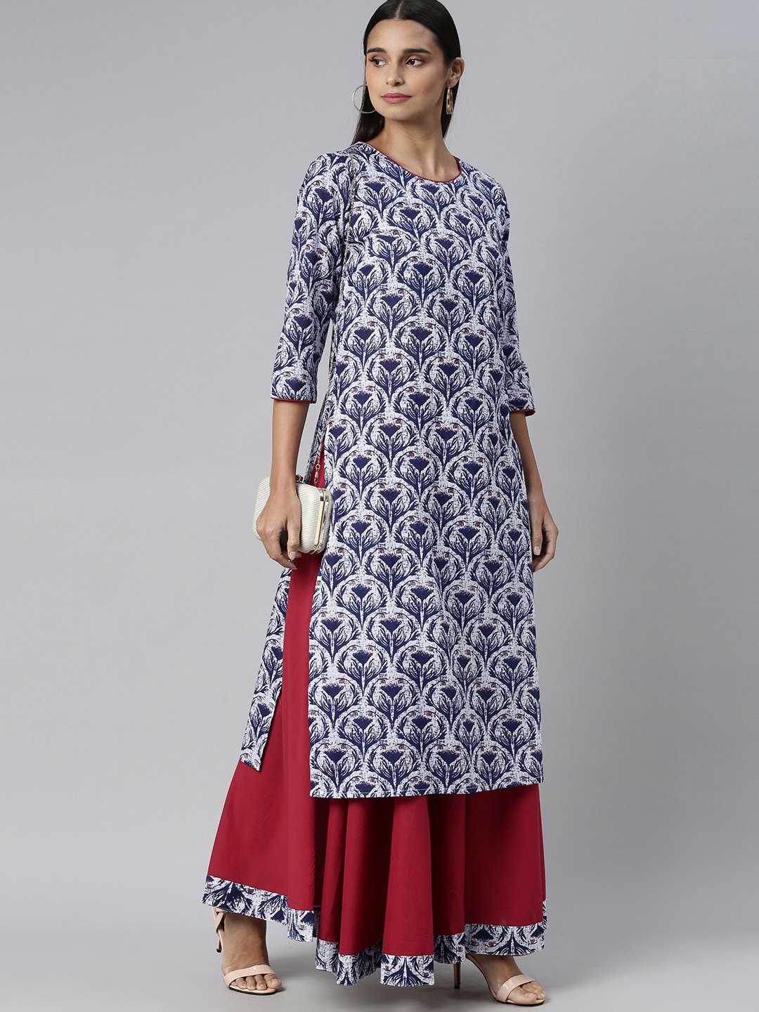 

HERE&NOW Women Blue Printed Pure Cotton Kurta with Skirt