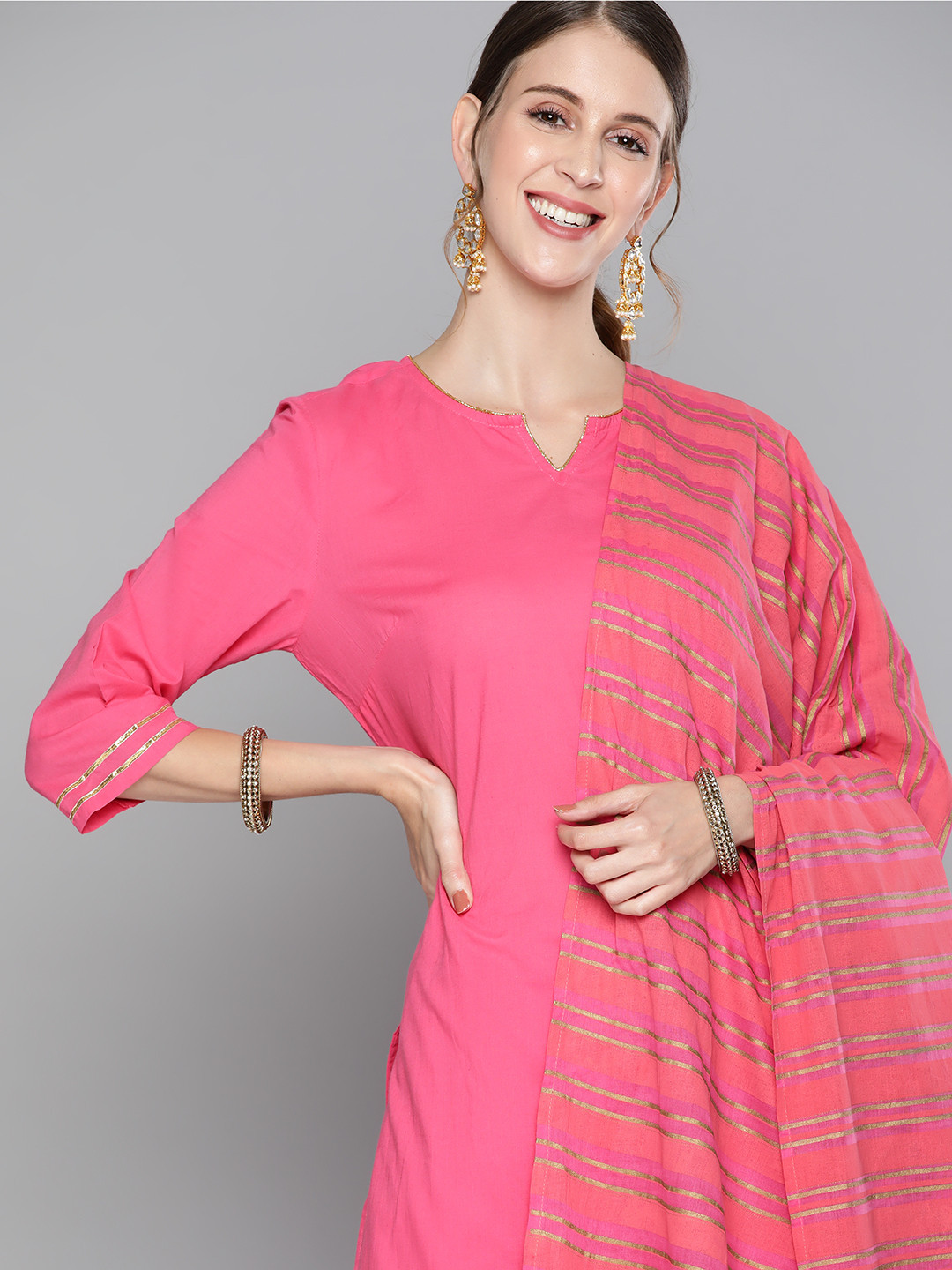 

HERE&NOW Women Pink Solid Pure Cotton Kurta with Trousers & Dupatta