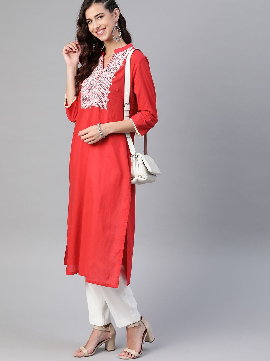 

HERE&NOW Women Red & White Geometric Yoke Design Pure Cotton Mirror Work Kurta