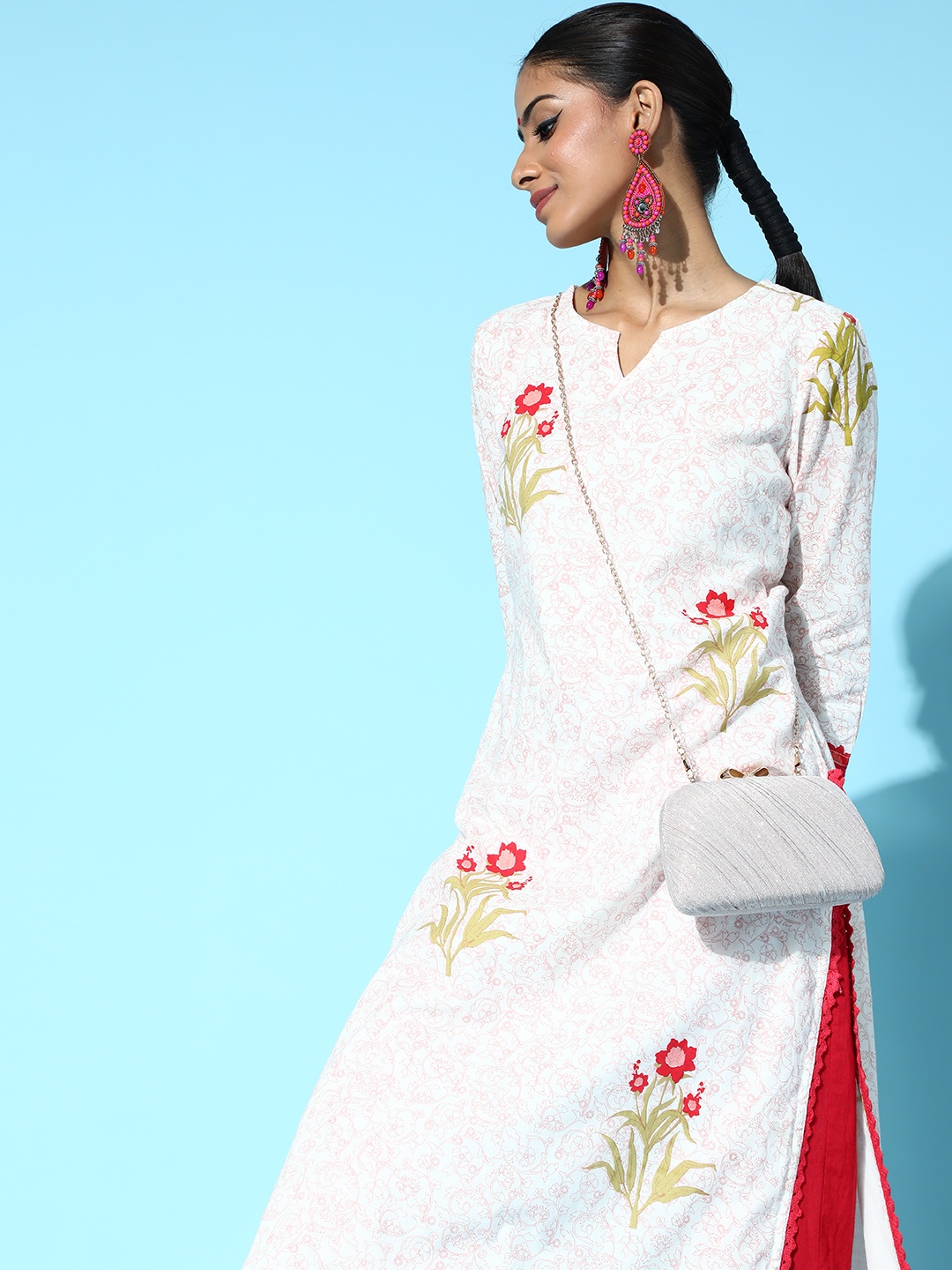 

HERE&NOW Women White & Red Ethnic Motifs Print Cotton Straight Kurta