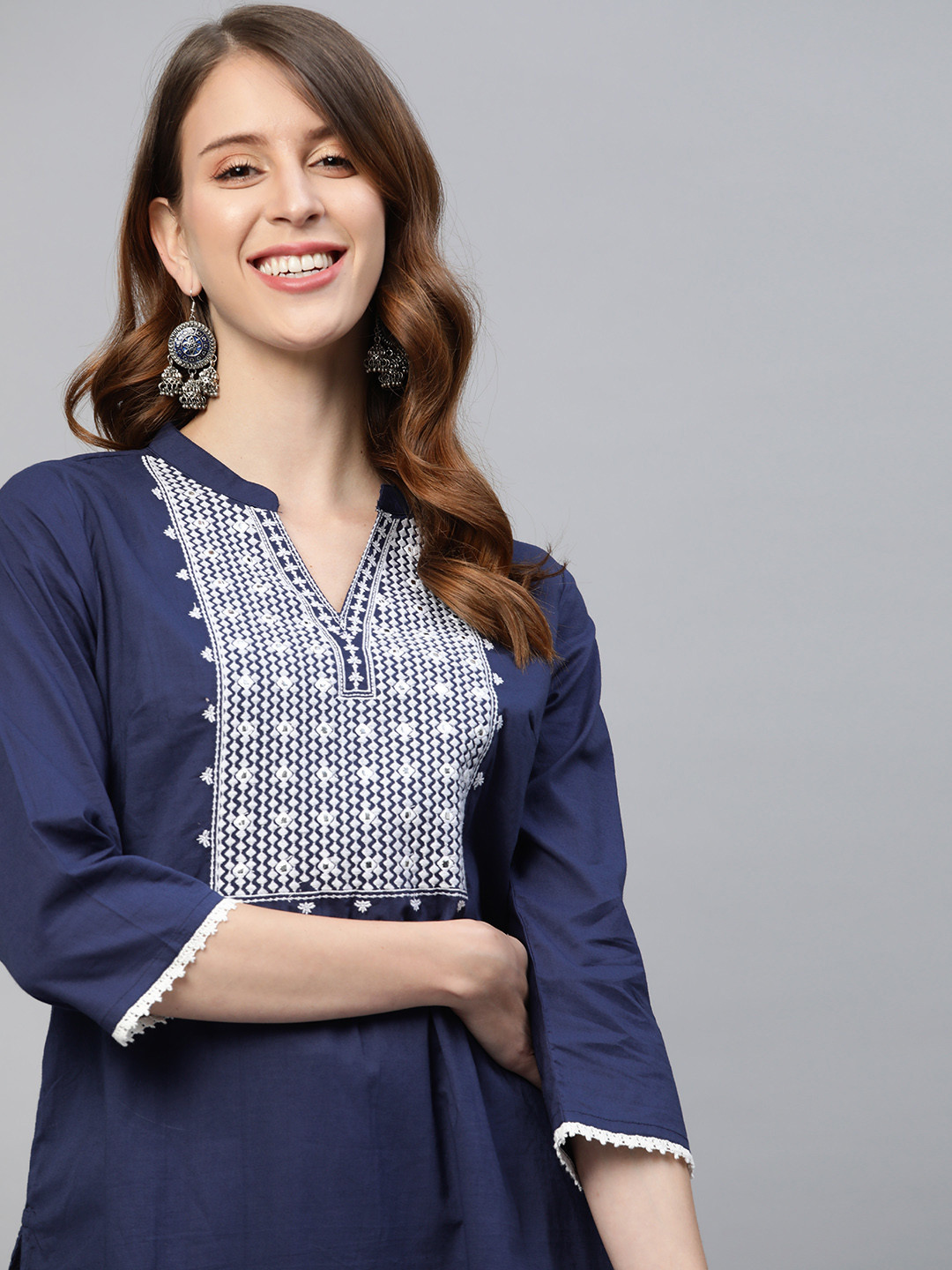 

HERE&NOW Women Navy Blue Pure Cotton Yoke Design Kurta