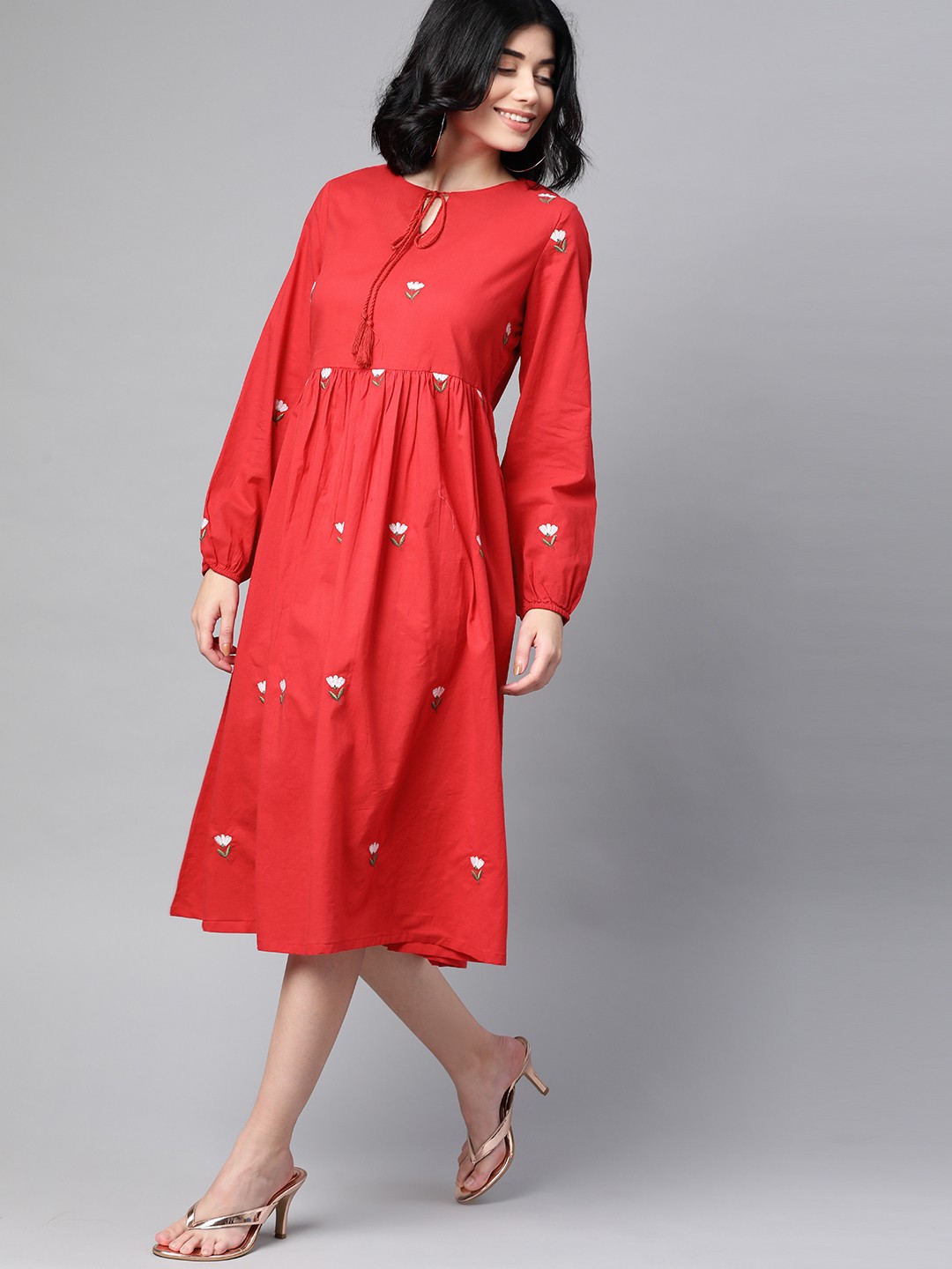 

HERE&NOW Red & White Pure Cotton Floral Embroidered Tie-Up Neck Ethnic A-Line Midi Dress
