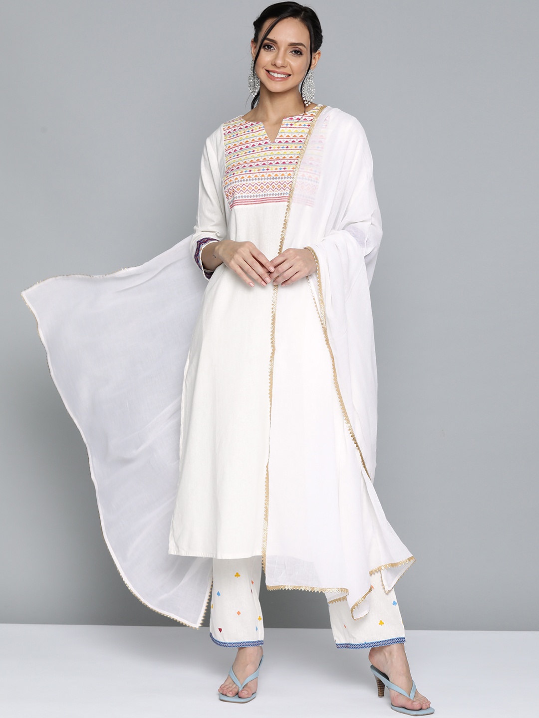 

HERE&NOW Women White & Pink Yoke Design Pure Cotton Kurta with Trousers & Dupatta