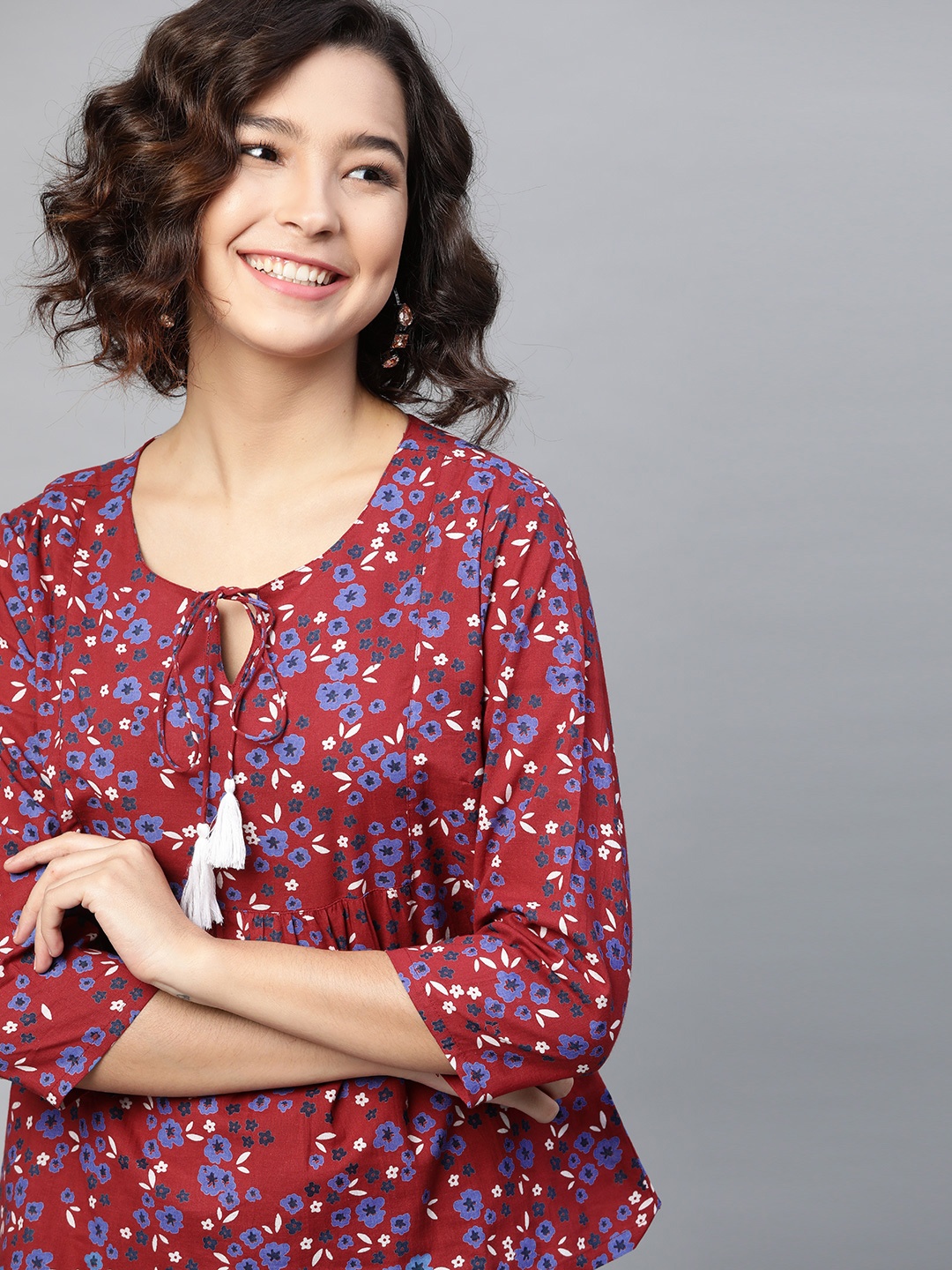 

HERE&NOW Red & Blue Pure Cotton Floral Tie-Up Neck A-Line Top