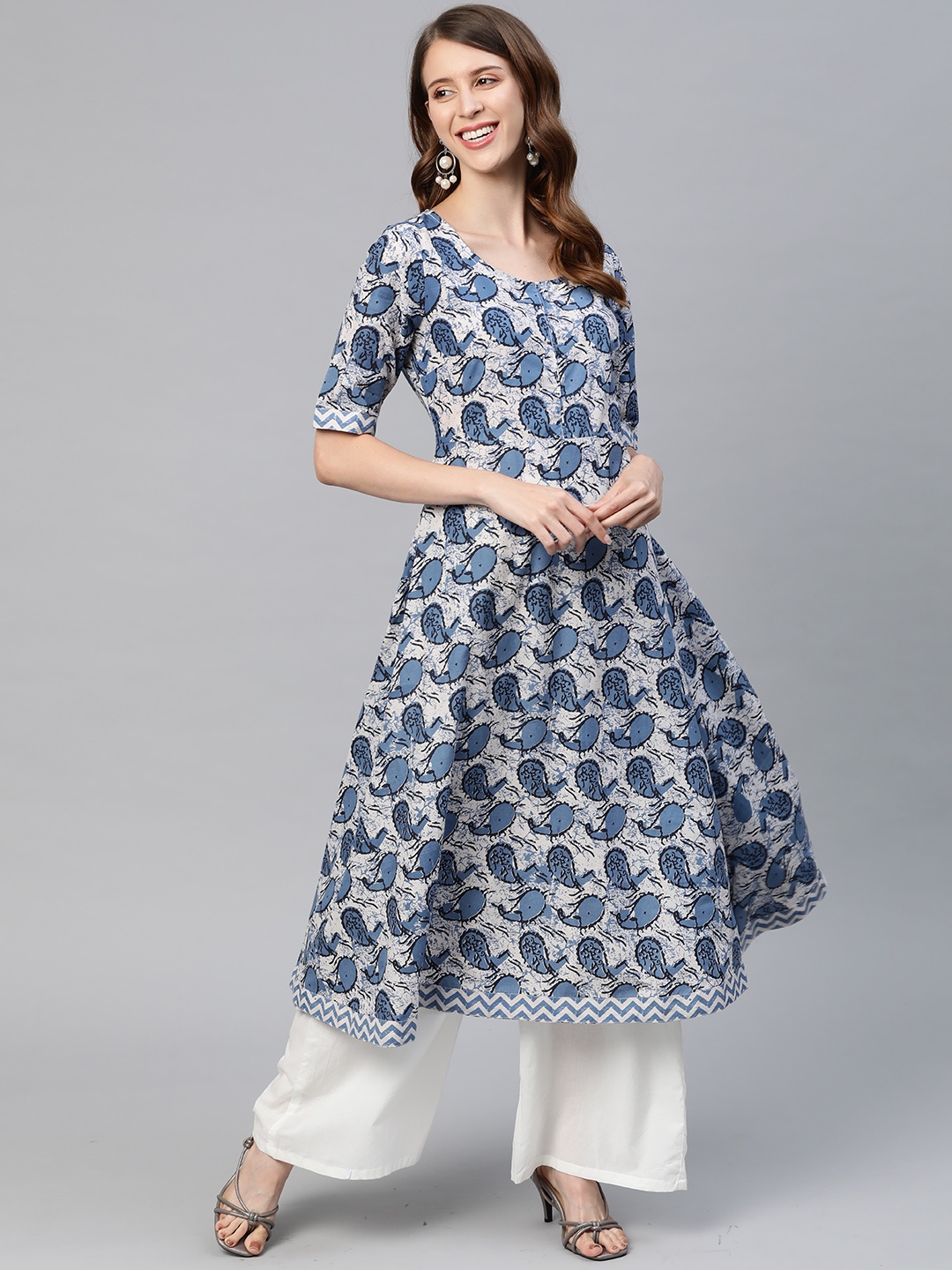

HERE&NOW Women Blue & Off White Pure Cotton Paisley Print Anarkali Kurta
