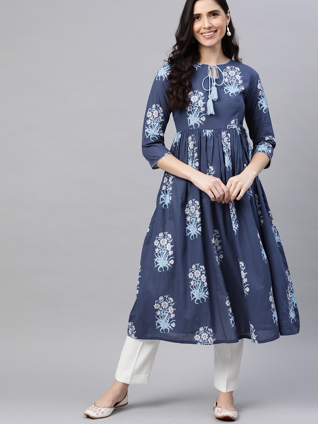 

HERE&NOW Women Blue Pure Cotton Floral Print Anarkali Kurta
