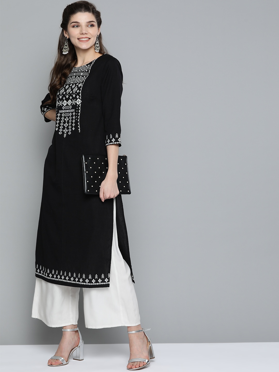 

HERE&NOW Women Black & White Geometric Embroidered Thread Work Kurta