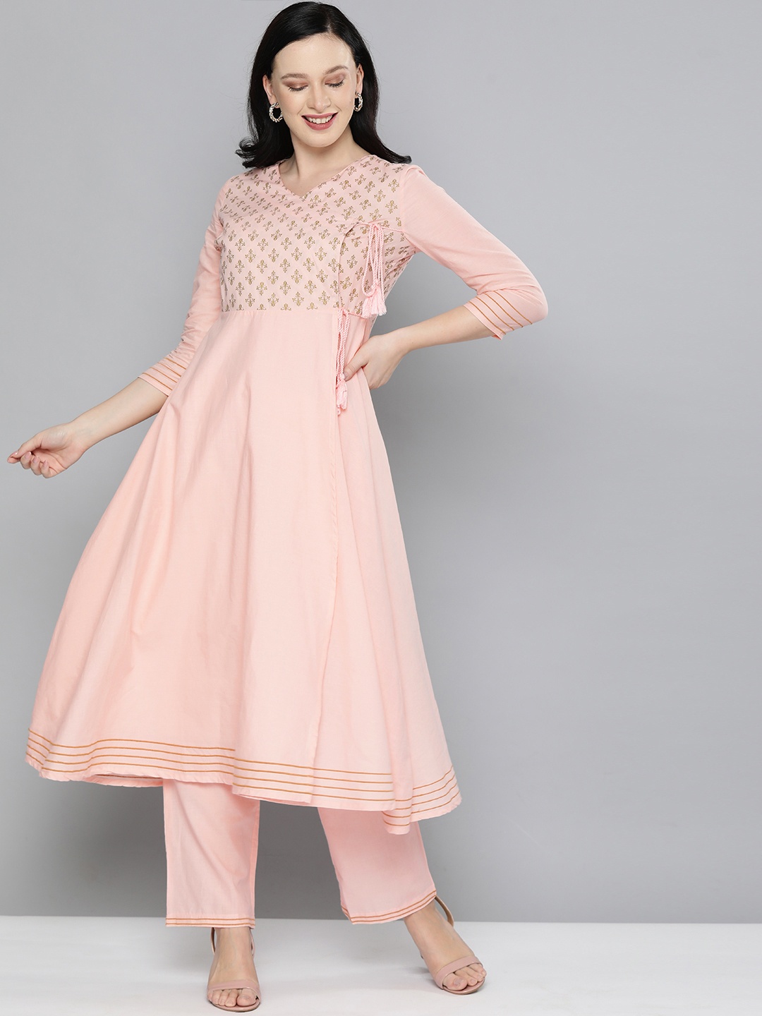 

HERE&NOW Women Pink Ethnic Motifs Printed Angrakha Pure Cotton Kurta with Palazzos