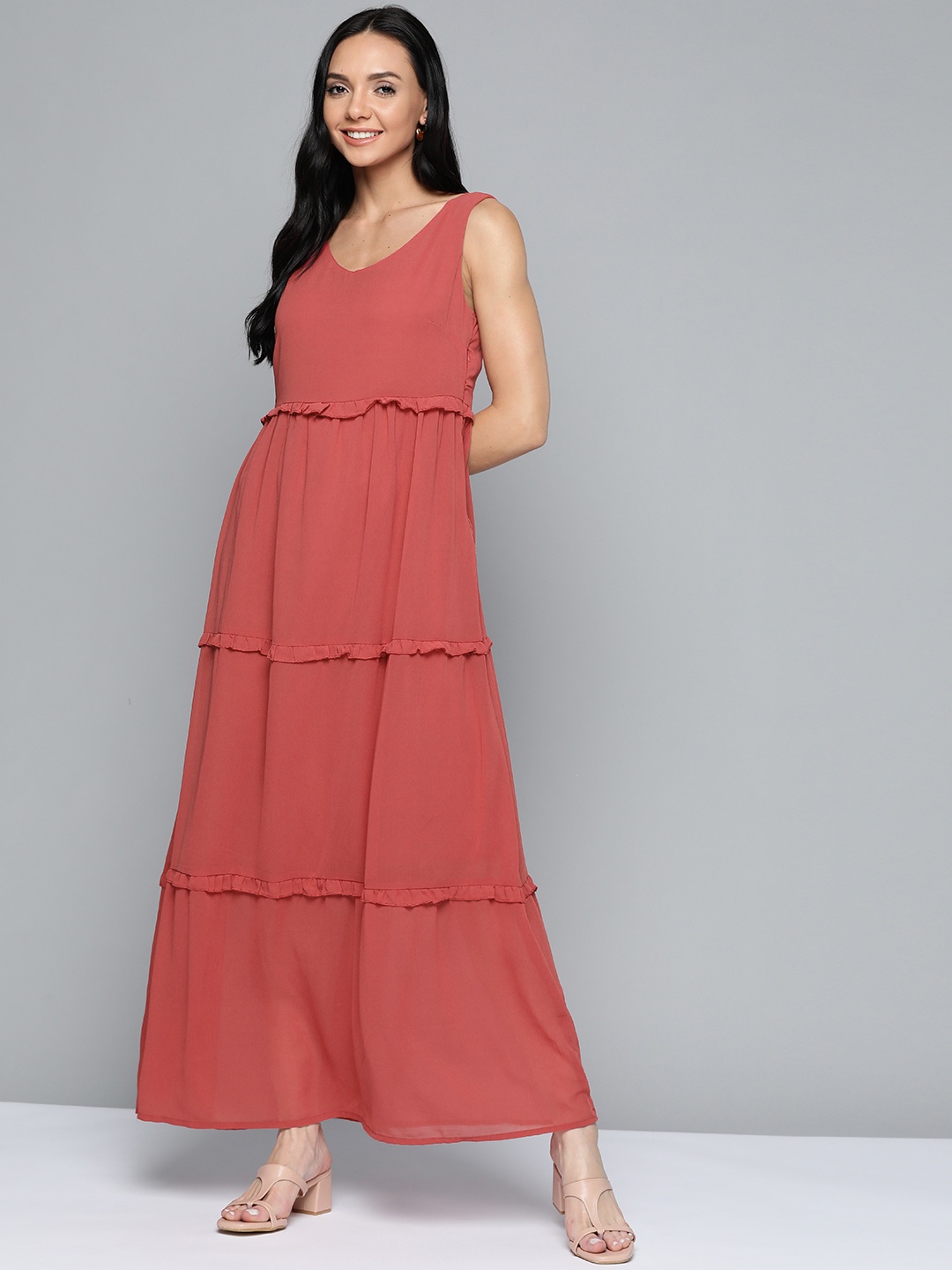 

HERE&NOW Women Mauve Solid Tiered Maxi Dress