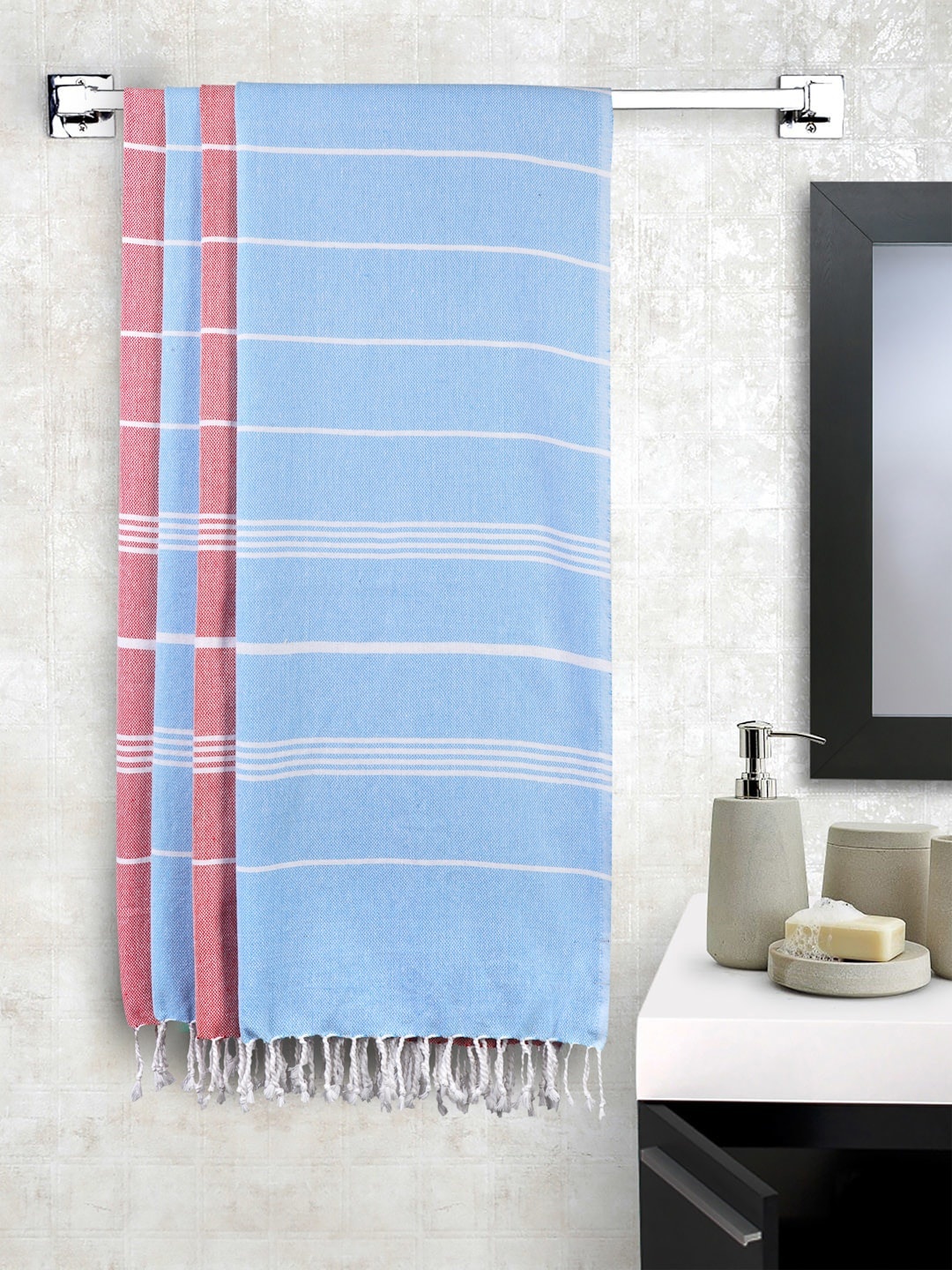 

KLOTTHE Unisex Set Of 4 Striped 233 GSM Bath Towels, Blue