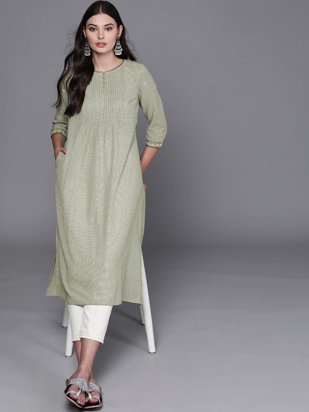 

Fabindia Women Green & Off White Pure Cotton Checked Kurta, Olive