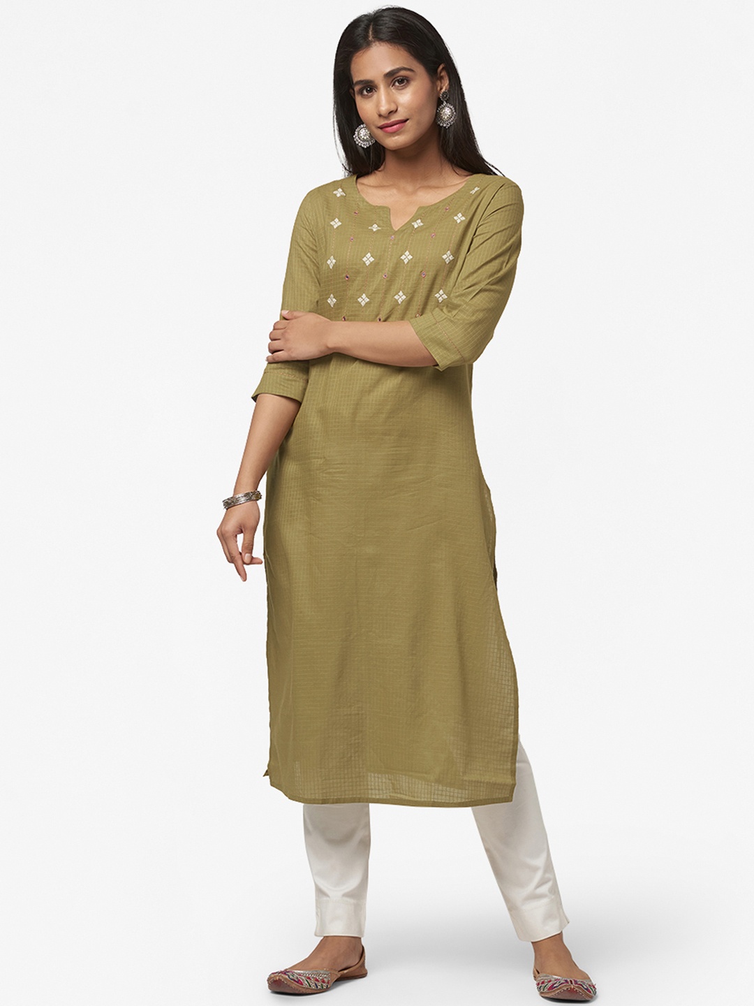 

Fabindia Women Olive Green Pure Cotton Geometric Yoke Design Embroidered Kurta