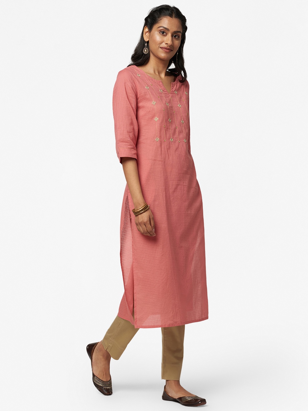 

Fabindia Women Pink Pure Cotton Geometric Yoke Design Embroidered Kurta