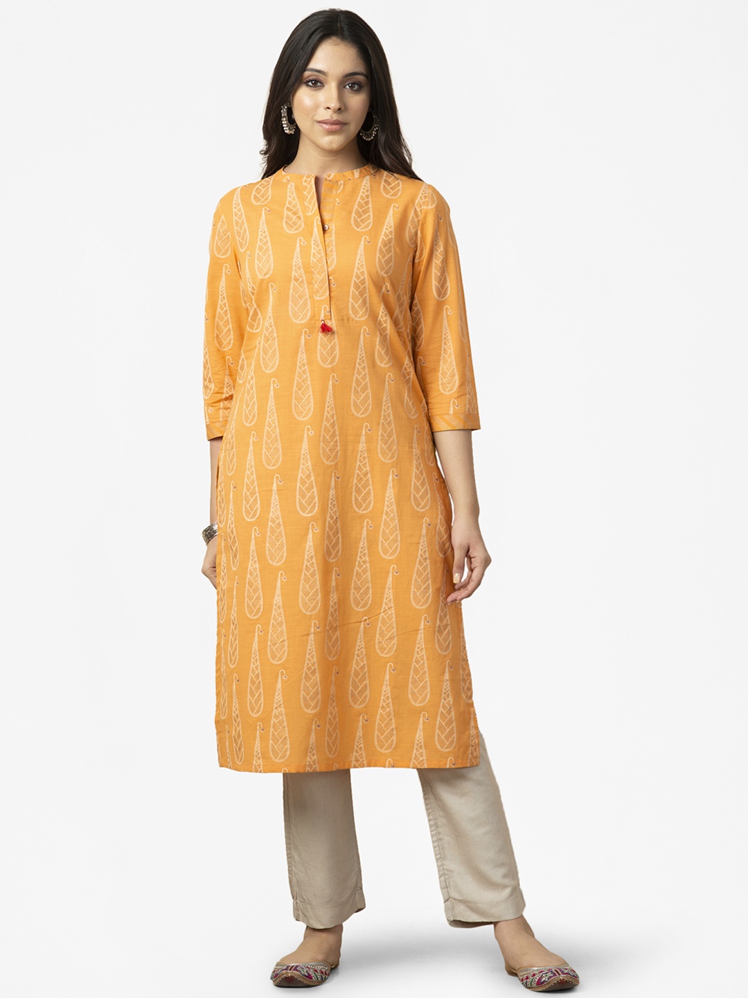 

Fabindia Women Mustard Yellow & Off White Pure Cotton Paisley Printed Kurta