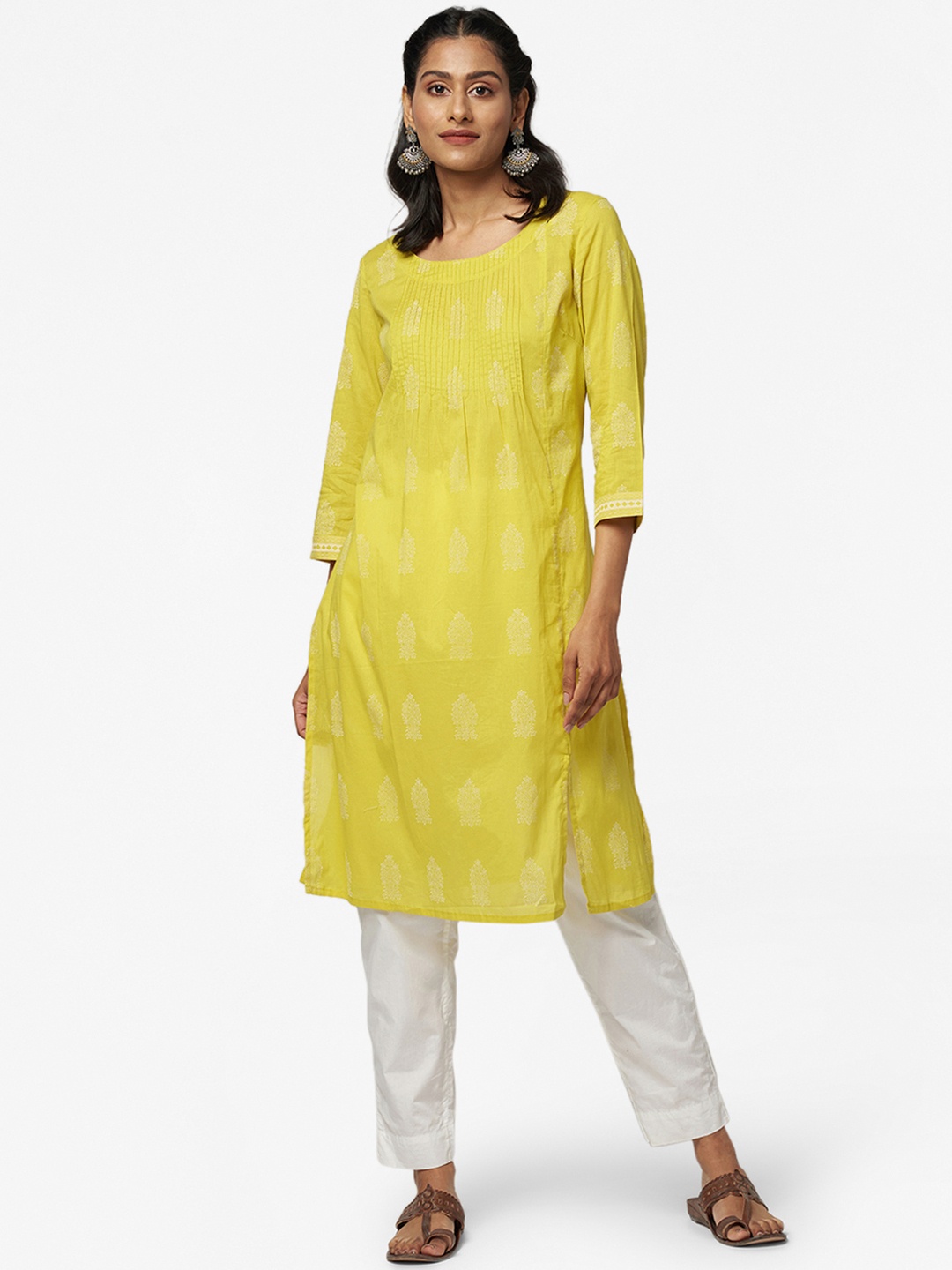 

Fabindia Women Yellow & Off White Pure Cotton Ethnic Motifs Printed Fusion Kurta