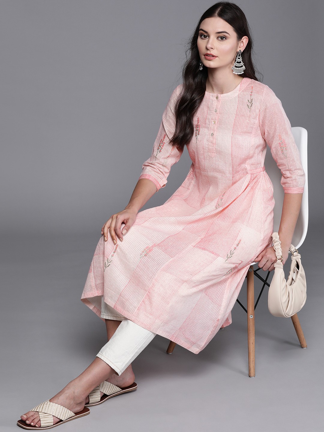 

Fabindia Women Off White & Pink Pure Cotton Striped Thread Work Kurta