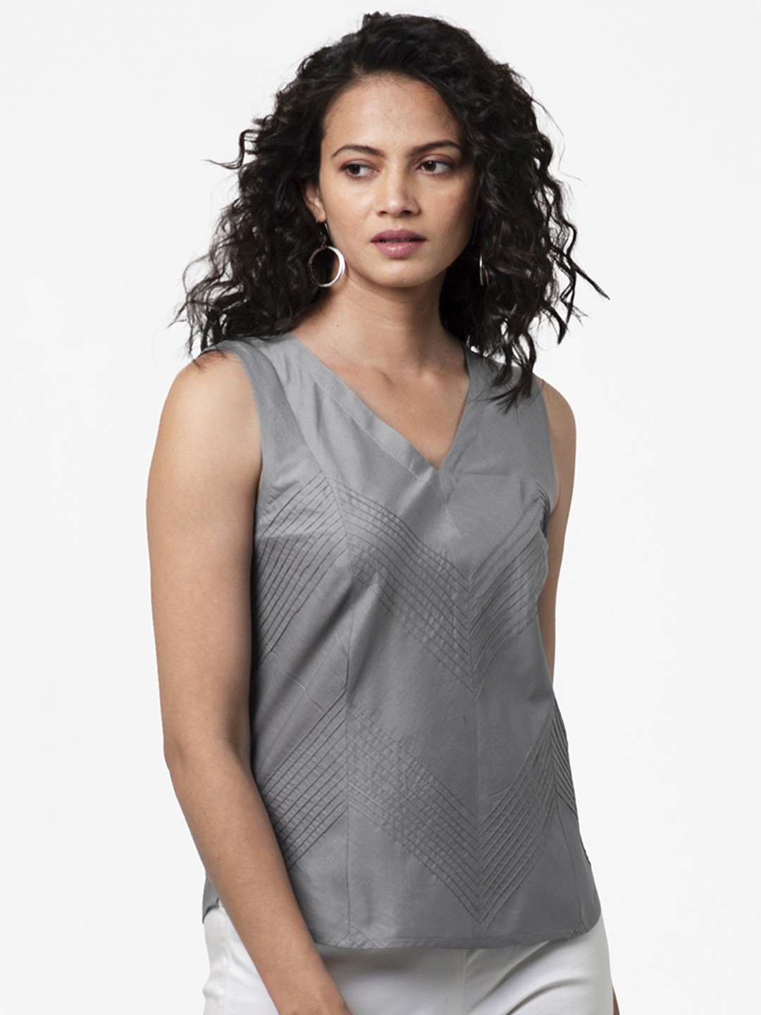 

Fabindia Women Grey Pure Cotton Regular Top