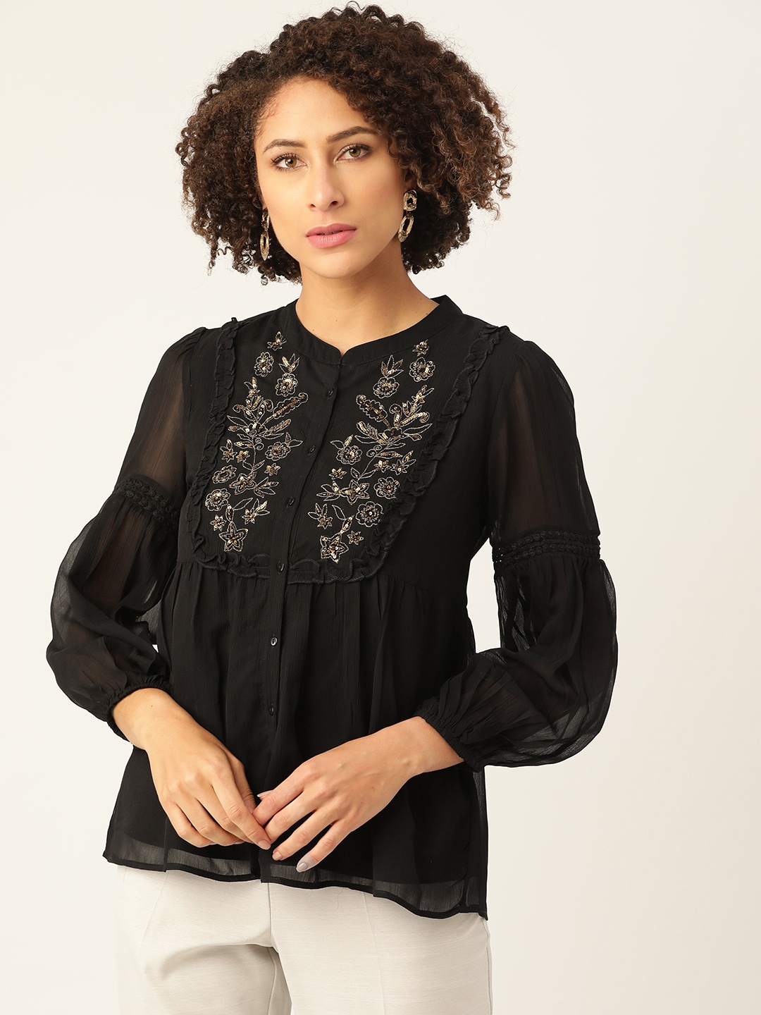 

Antheaa Women Black & Golden Regular Fit Embellished Casual Shirt