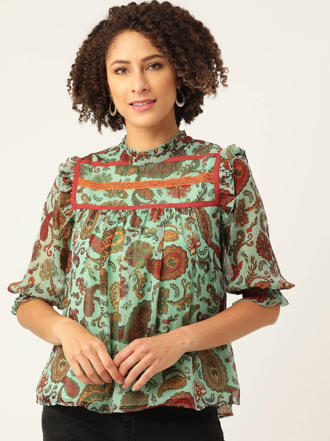 

Antheaa Green & Maroon Printed Puff Sleeves A-Line Top