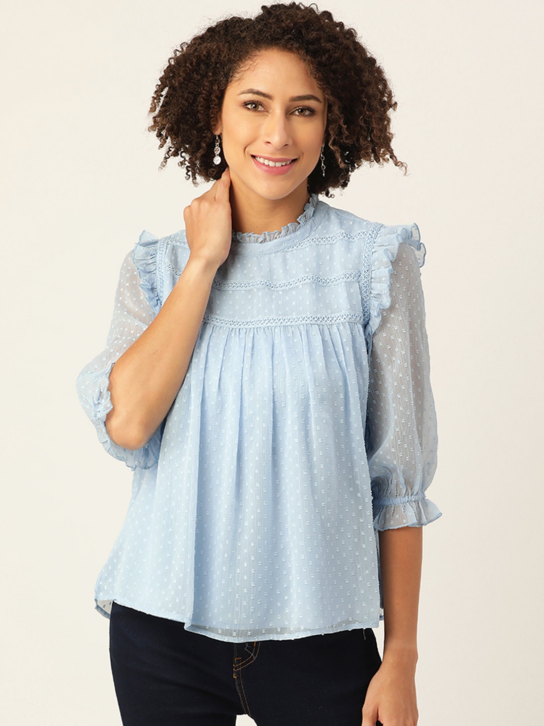 

Antheaa Blue Dobby Weave Puff Sleeves A-Line Top