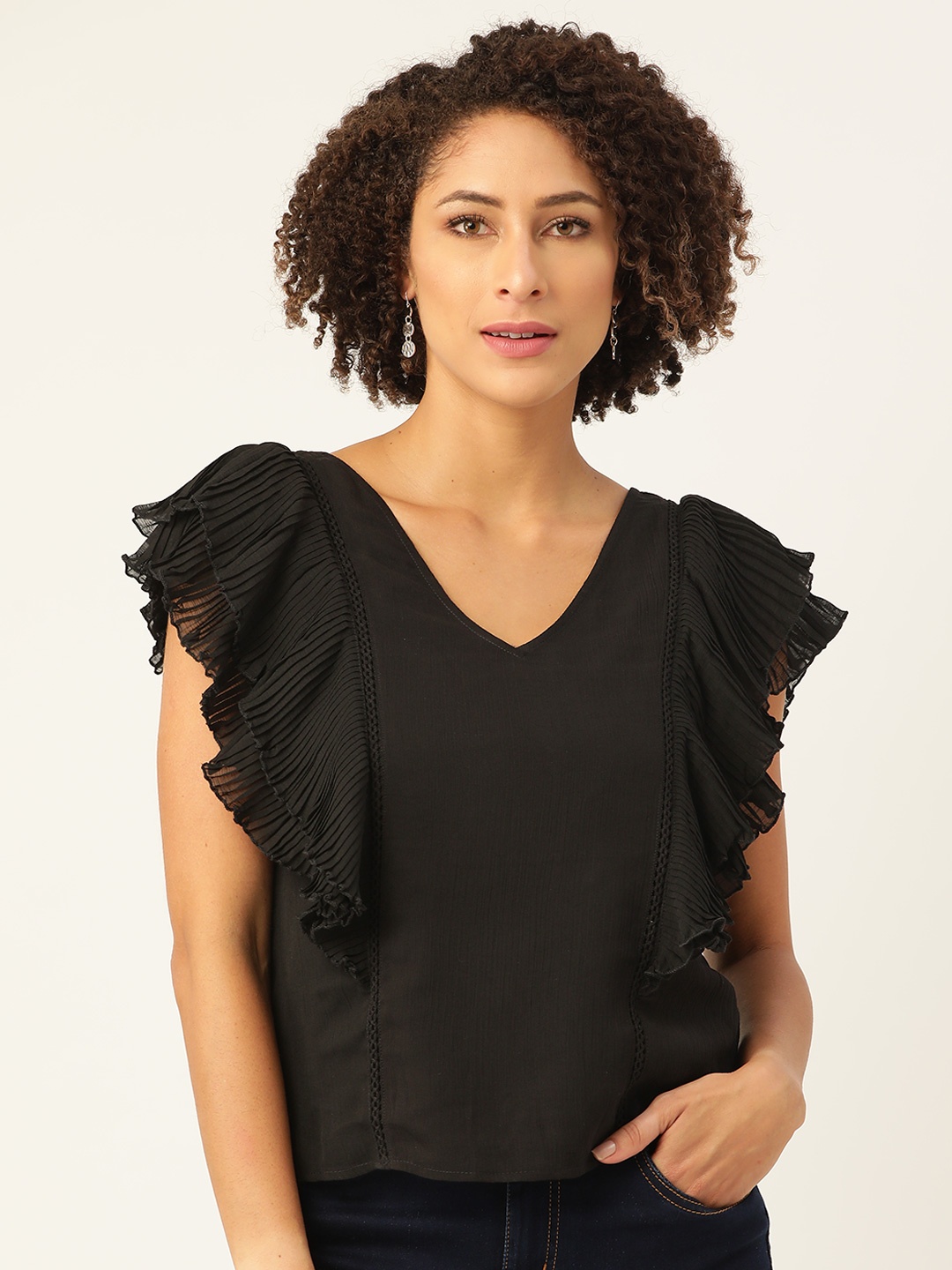 

Antheaa Black Flutter Sleeves Crinkled Regular Top