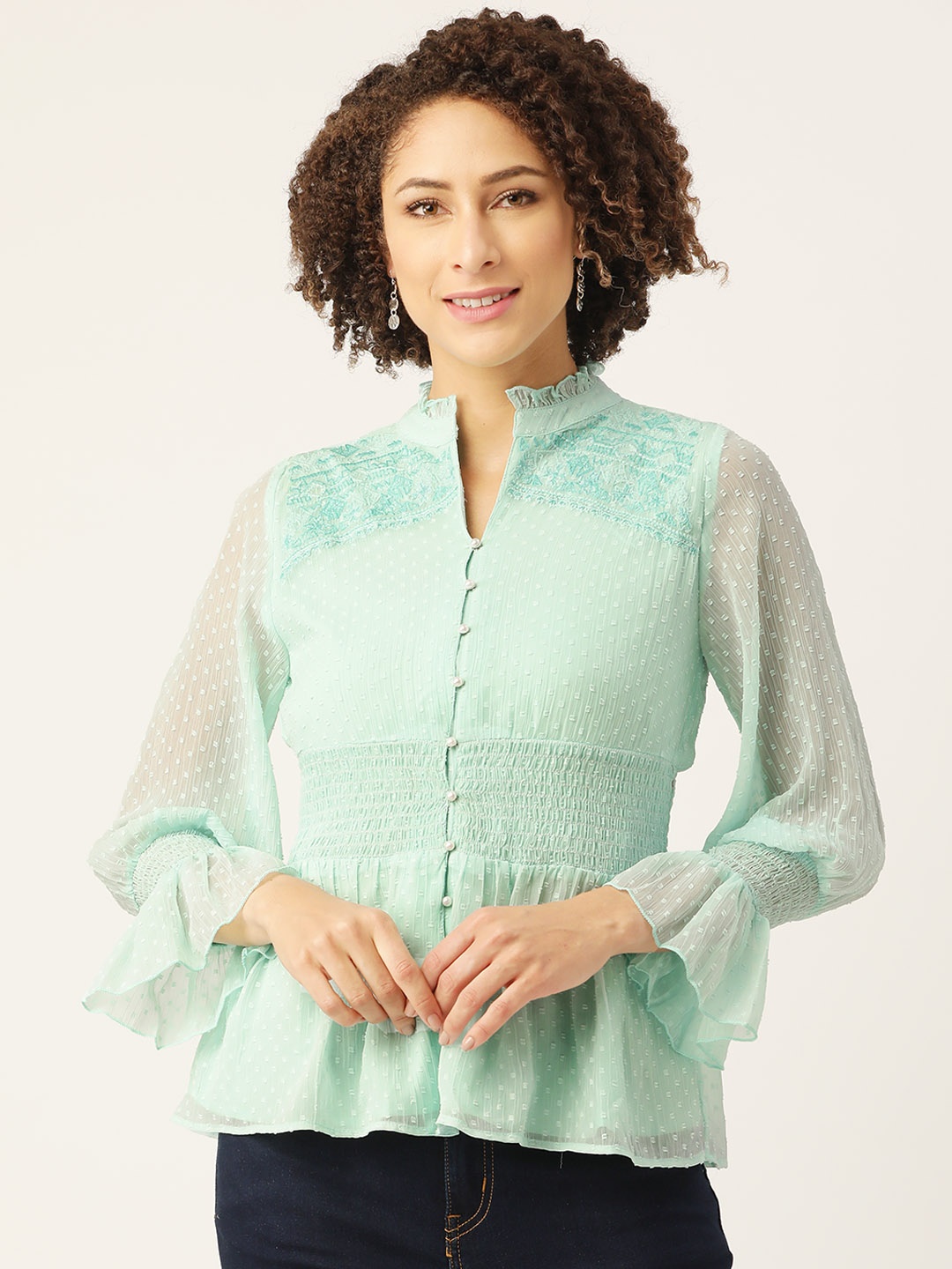 

Antheaa Sea Green Mandarin Collar Bell Sleeves Empire Top