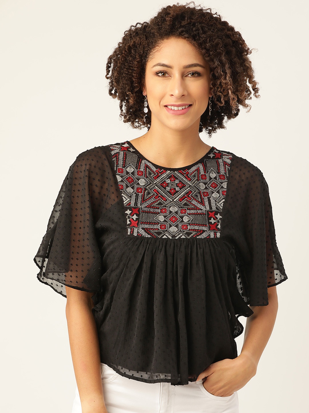 

Antheaa Black & Grey Dobby Weave Embroidered Batwing Sleeves Regular Top
