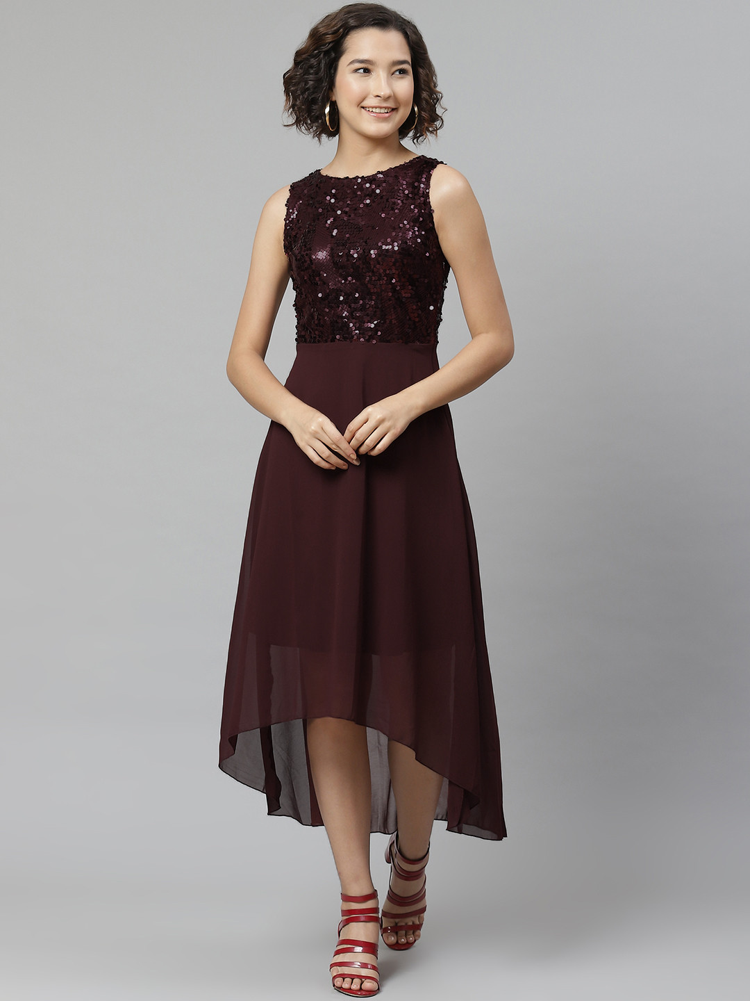 

VARUSHKA Women Burgundy Sequinned High-Low A-Line Dress