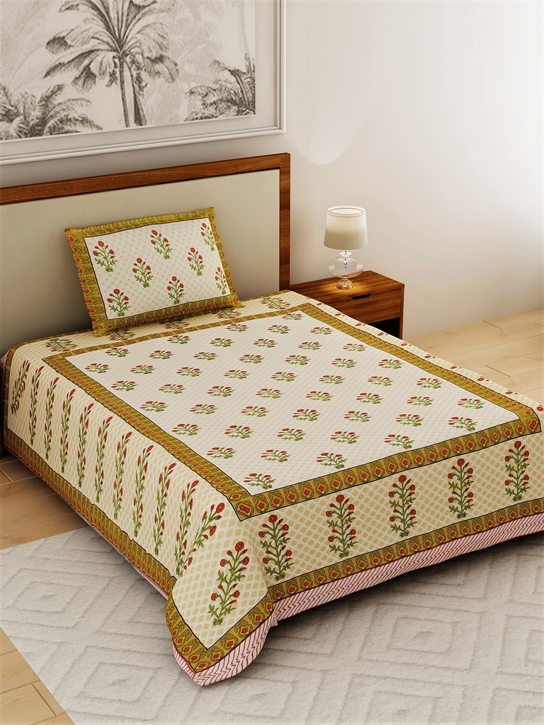 

Salona Bichona Yellow & White Floral 120 TC Cotton 1 Single Bedsheet with 1 Pillow Covers