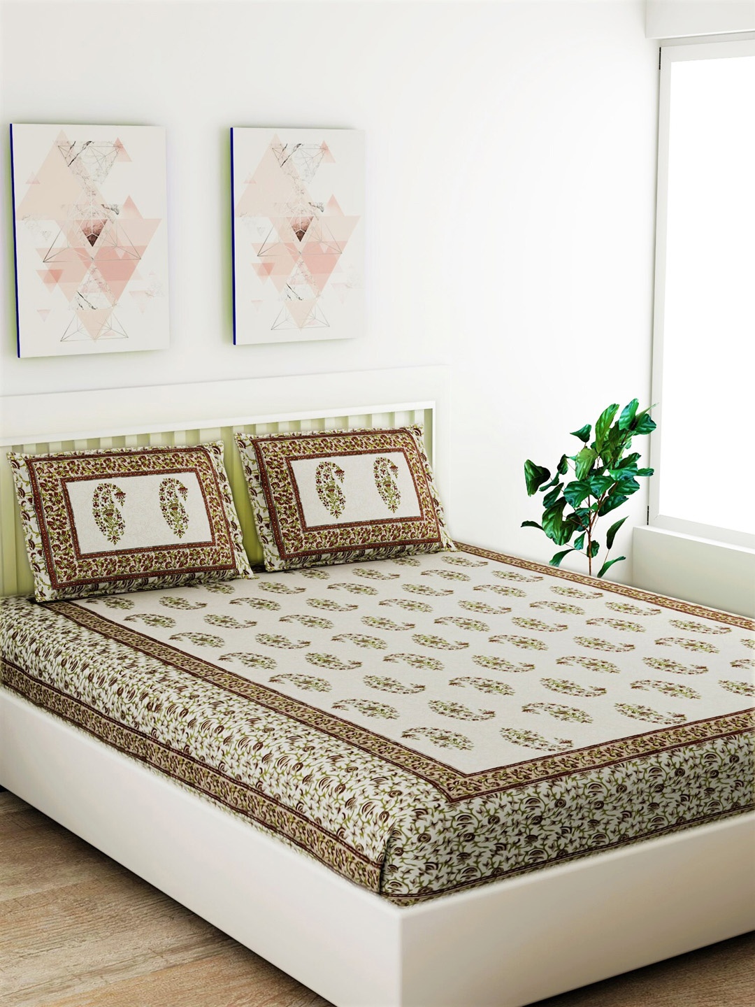 

Salona Bichona White & Maroon Ethnic Motifs 120 TC Cotton 1 Queen Bedsheet with 2 Pillow Covers