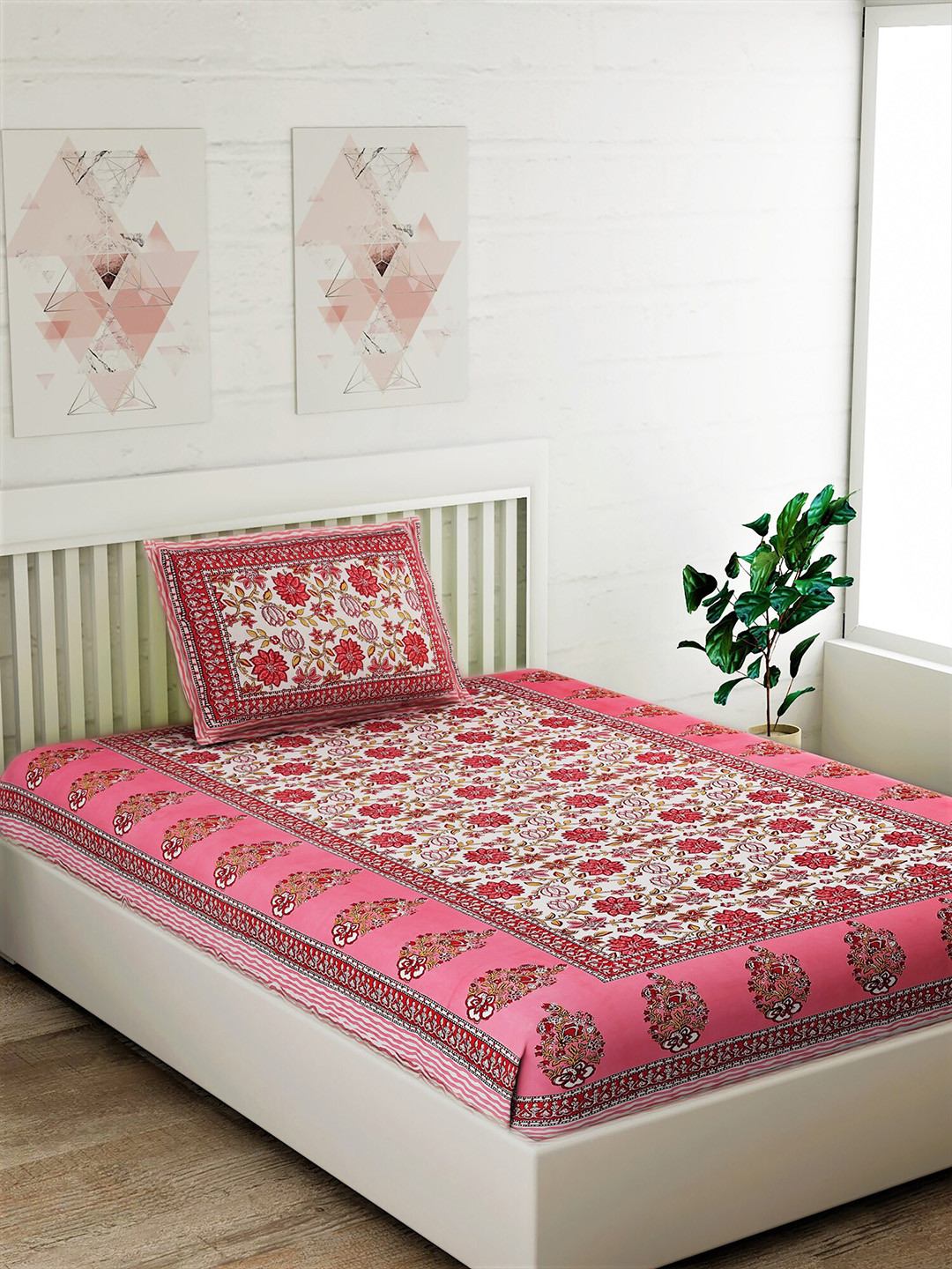 

Salona Bichona Pink & Off-White Floral 120 TC Cotton 1 Single Bedsheet with 1 Pillow Covers