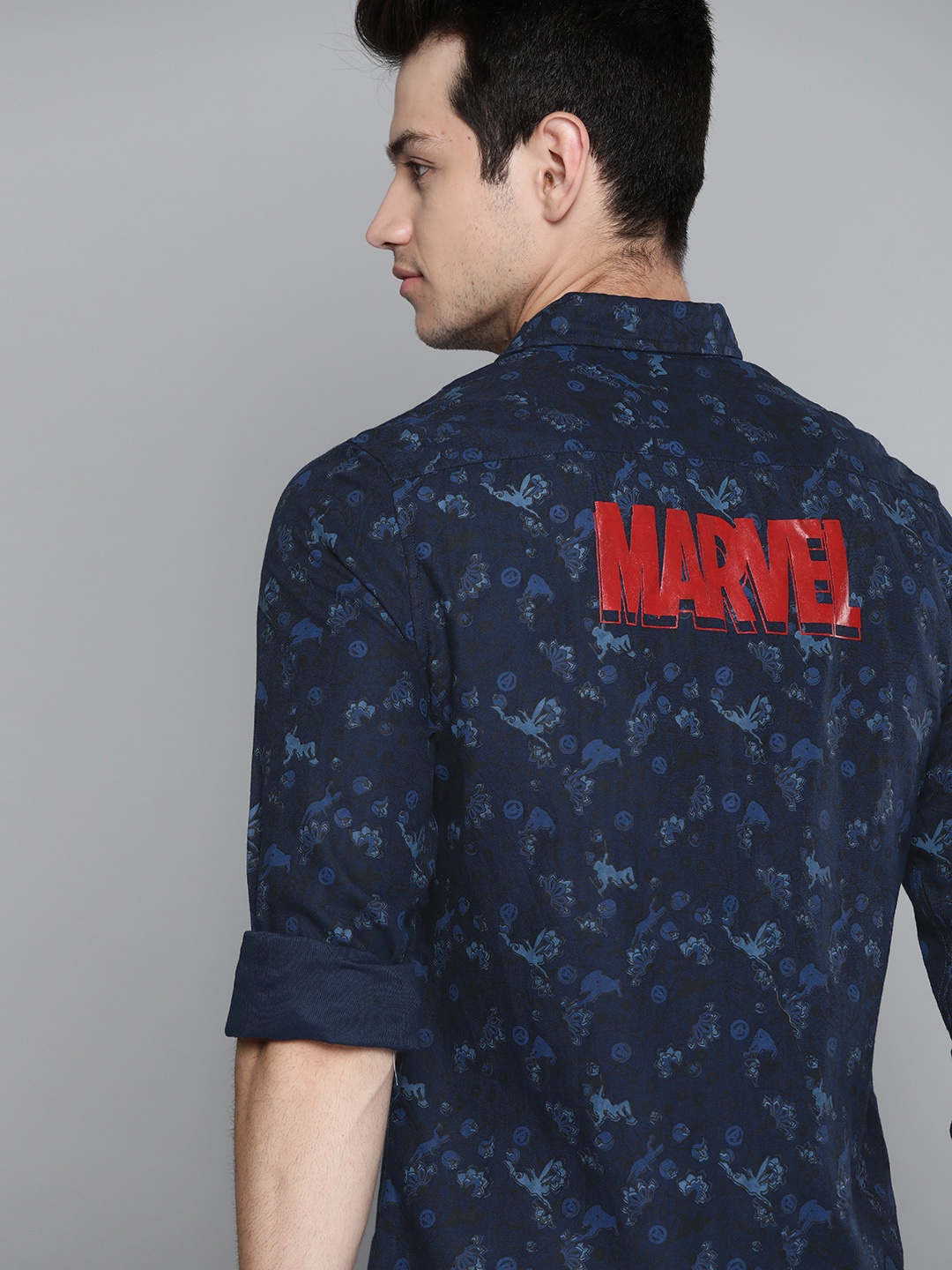 

Kook N Keech Men Navy Blue & Black Pure Cotton Marvel Kalamkari Printed Shirt