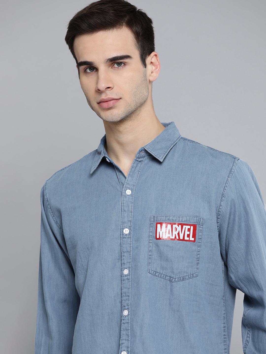 

Kook N Keech Marvel Men Blue Cotton Opaque Chambray Casual Shirt