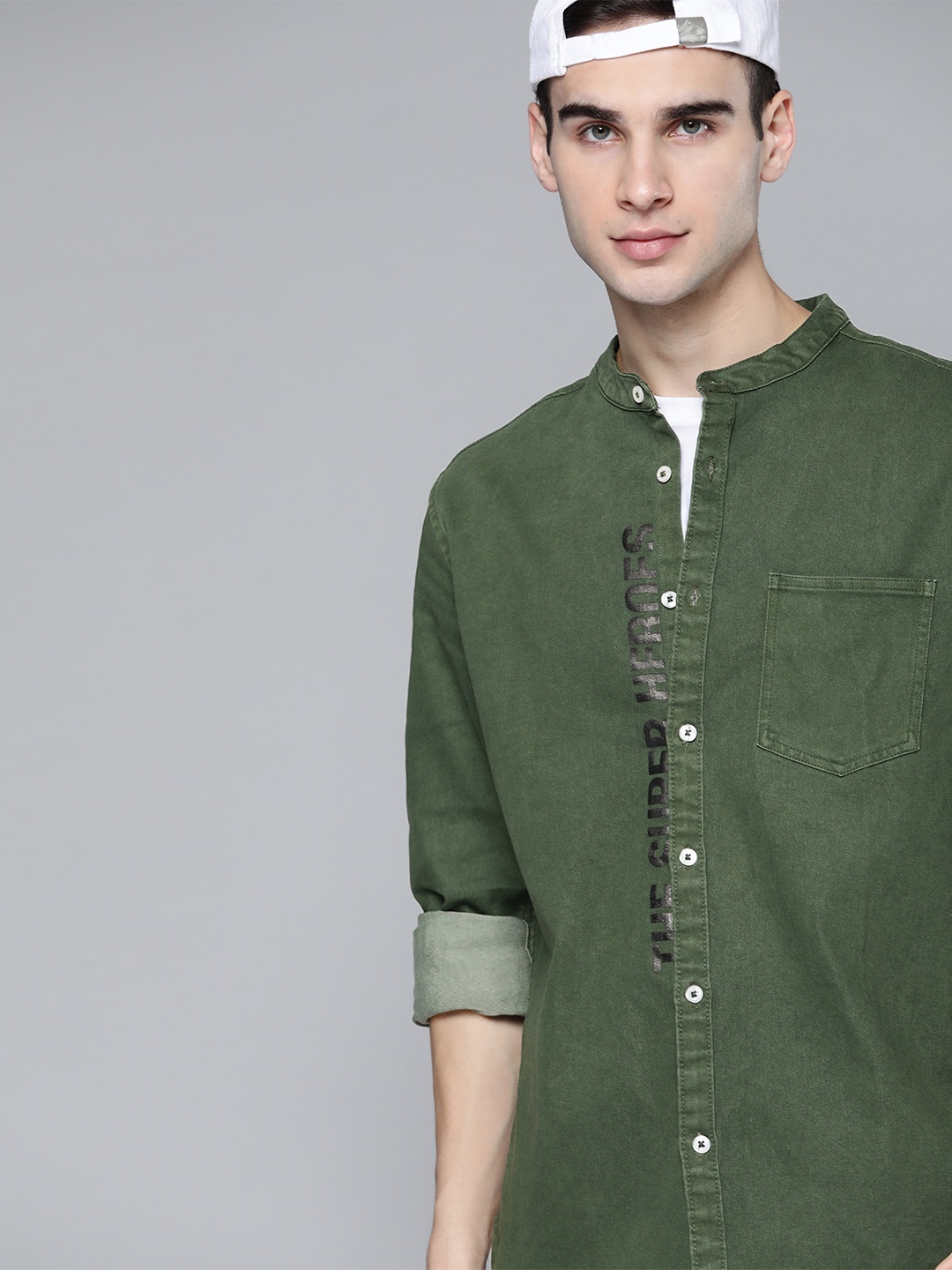 

Kook N Keech Marvel Men Olive Green Printed Pure Cotton Casual Shirt