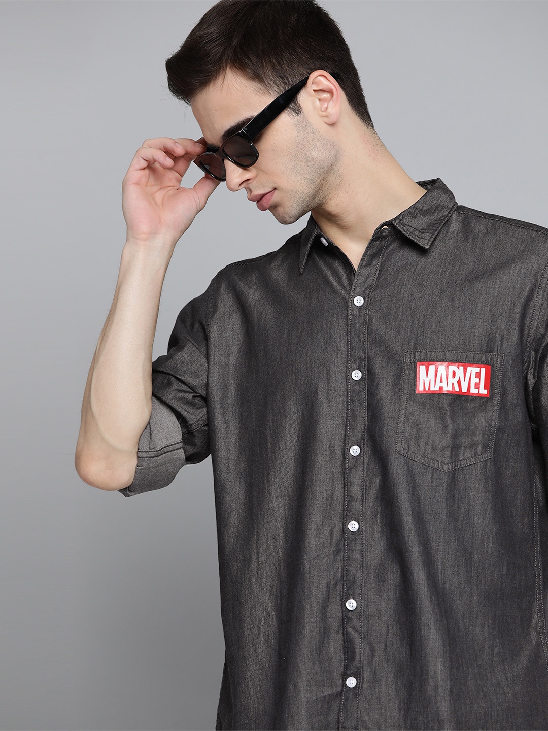

Kook N Keech Marvel Men Charcoal Grey Cotton Opaque Chambray Shirt