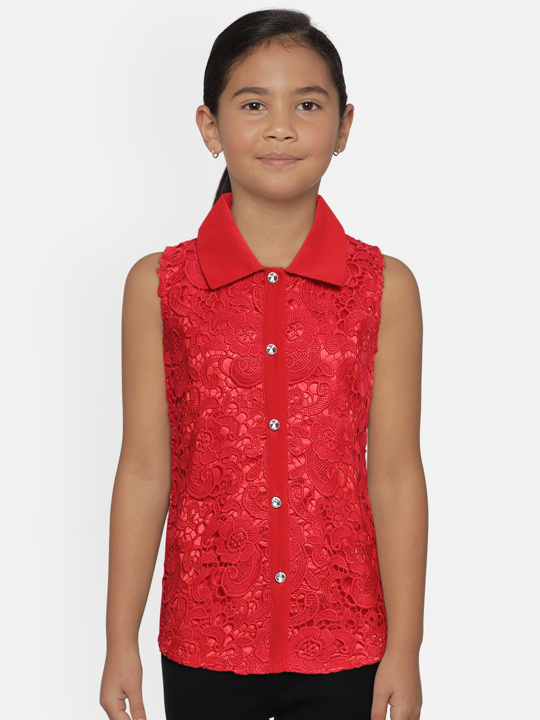 

Actuel Girls Red Regular Fit Lace Self Design Semi-Sheer Casual Shirt