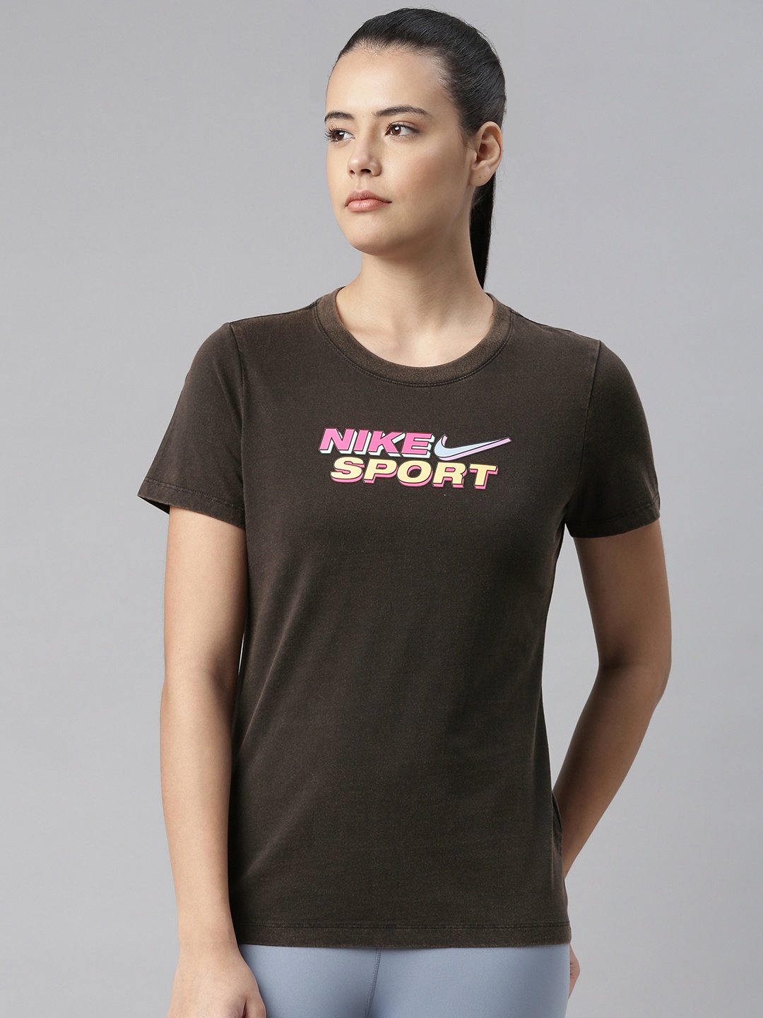 

Nike Women Black Printed REG SS VINTAGE Pure Cotton Regular Top