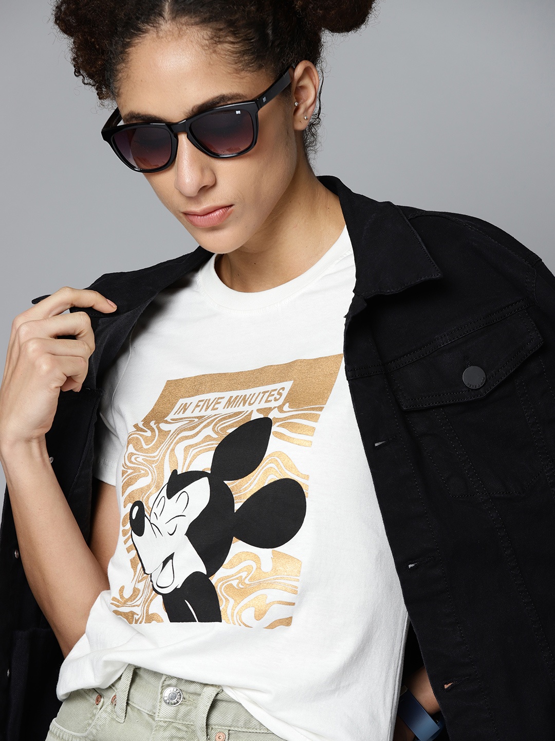 

Kook N Keech Disney Women White Golden Mickey Mouse Printed Pure Cotton T-shirt