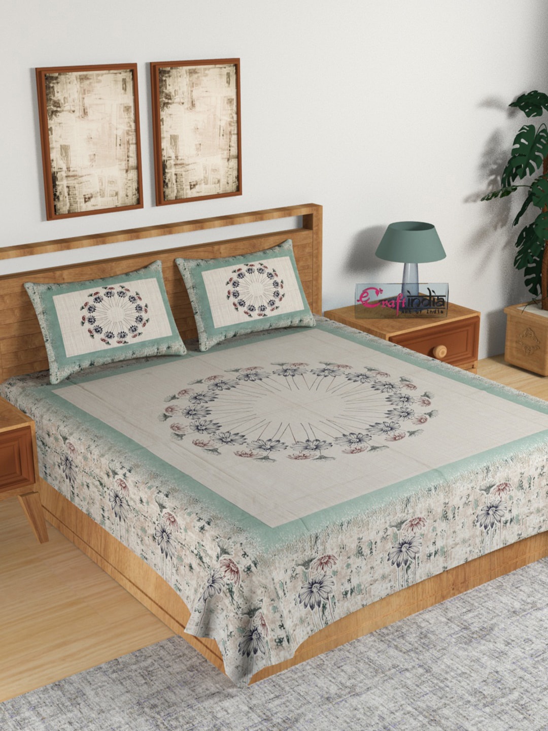 

eCraftIndia Beige & Green Floral 180 TC Cotton 1 King Bedsheet with 2 Pillow Covers