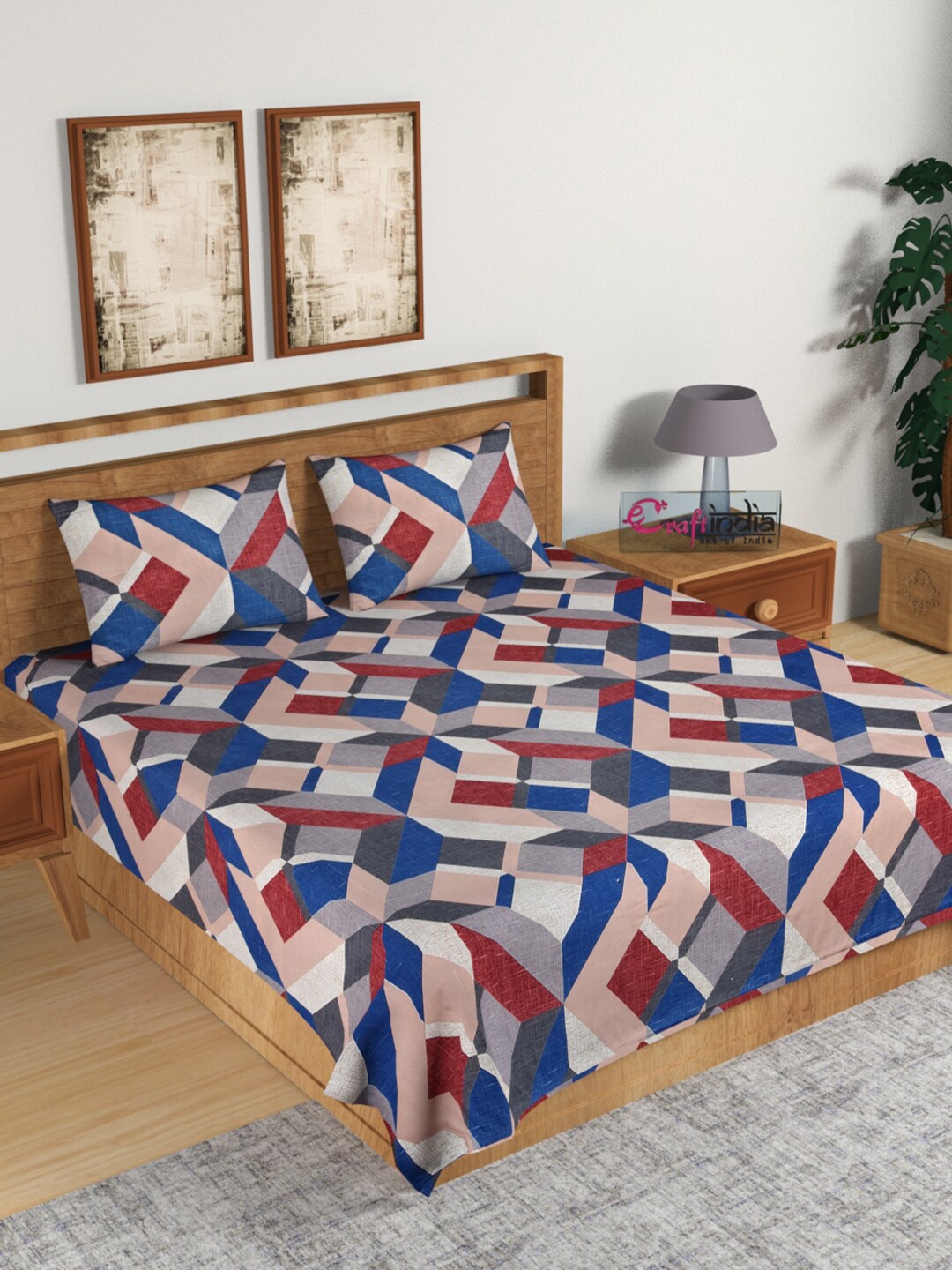 

eCraftIndia Red & Blue Geometric 140 TC Cotton 1 King Bedsheet with 2 Pillow Covers